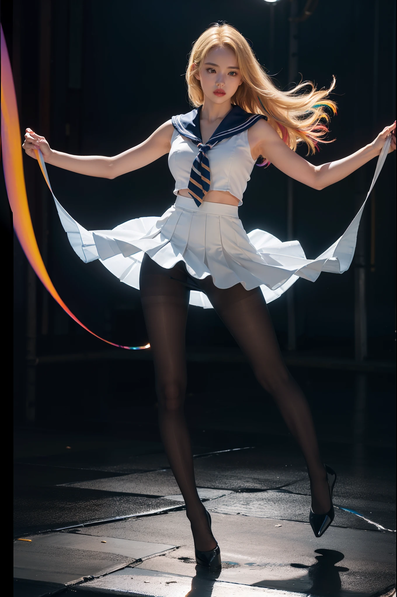 (full body:2)，(1girl:1.3),(view the viewer:1.4)，(anatomy correct:1.4),(((colorful pantyhose)):1.3), (pointed thick heels :1.3),((Dancing by the sea):1.2),(sailor suit and High waisted Striped pleated skirt:1.3),(Extra Long blonde Hair:1.2),(Accurate and perfect face:1.3),(Long legs and big feet:1.3),((Polished clothing):1.2),((Skin reflection , Skin Gloss):1.2)，((((( colorful)))):1.2)，hyper HD, Ray traching, reflective light， structurally correct, Award-Awarded, high detail, lighten shade contrast, Face lighting ，cinematic lighting, masterpiece, super detailing, high quality, high detail, best quality, 16k，High contrast,