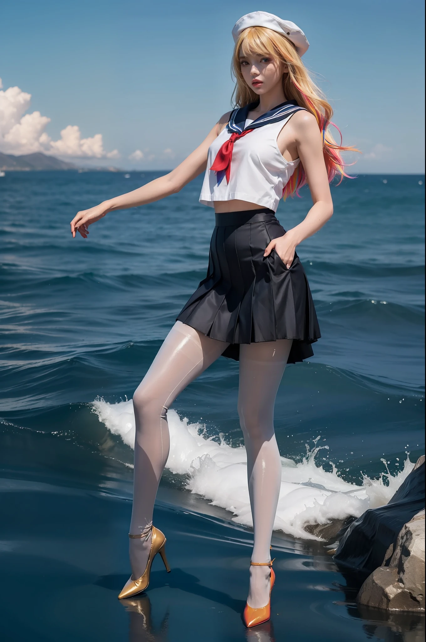 Girl with white hair,sailor outfit,red color eyes,Happy face,beautiful face,Wave to the camera in the ocean,Disney Pixar cartoon style。