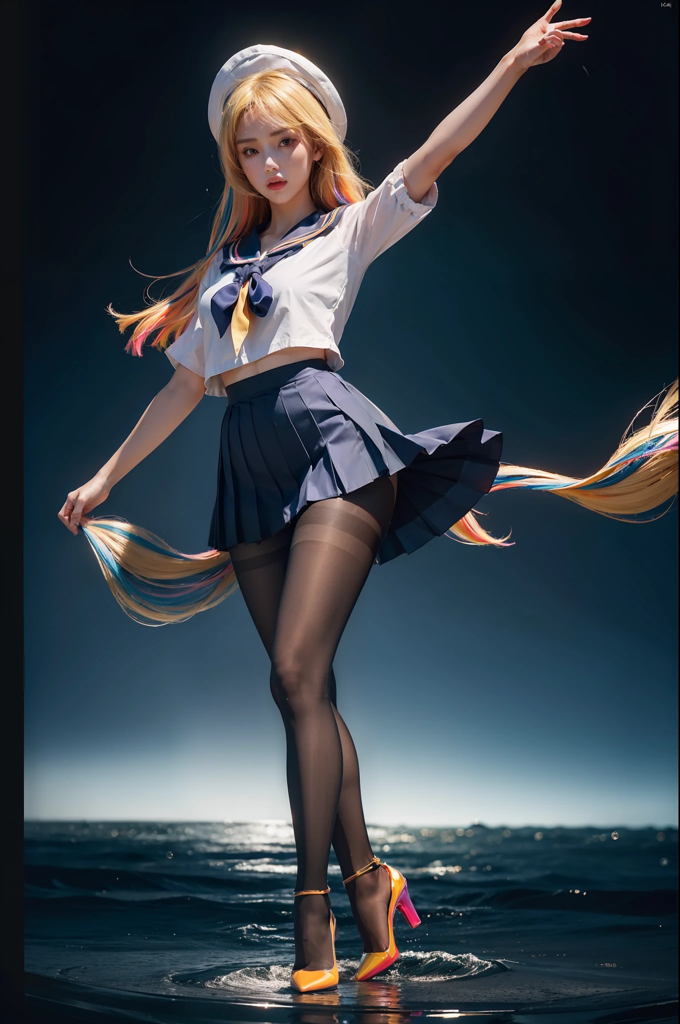 (full body:2),(1girl:1.3),(view the viewer:1.4),(anatomy correct:1.4),(((colorful pantyhose)):1.3), (pointed thick heels :1.3),((Dancing by the sea):1.2),(sailor suit and High waisted Striped pleated skirt:1.3),(Extra Long blonde Hair:1.2),(Accurate and perfect face:1.3),(Long legs and big feet:1.3),((Polished clothing):1.2),((Skin reflection , Skin Gloss):1.2),((((( colorful)))):1.2),hyper HD, Ray traching, reflective light, structurally correct, Award-Awarded, high detail, lighten shade contrast, Face lighting ,cinematic lighting, masterpiece, super detailing, high quality, high detail, best quality, 16k,High contrast,