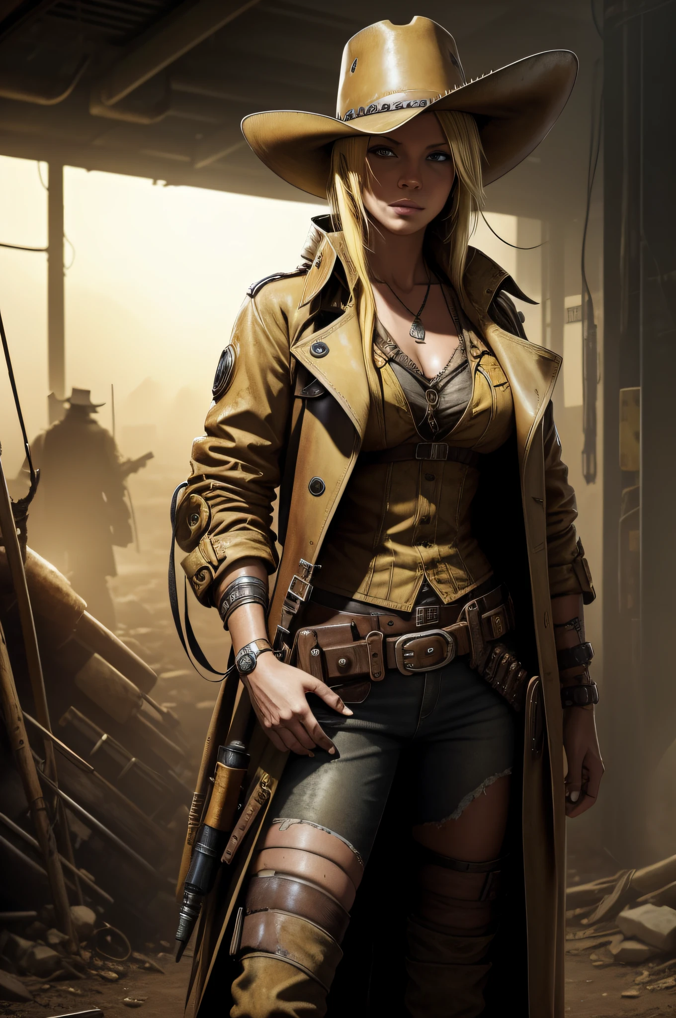 there is a blonde woman in a yellow hat and trench coat, in a post apocalyptic setting, cyberpunk wild west, post - apocalyptic cowboy, post apocalyptic explorer, post apocalyptic western style, cyberpunk style outfit, post apocalyptic, cinematic full body shot, post apocalyptic attire, western steampunk