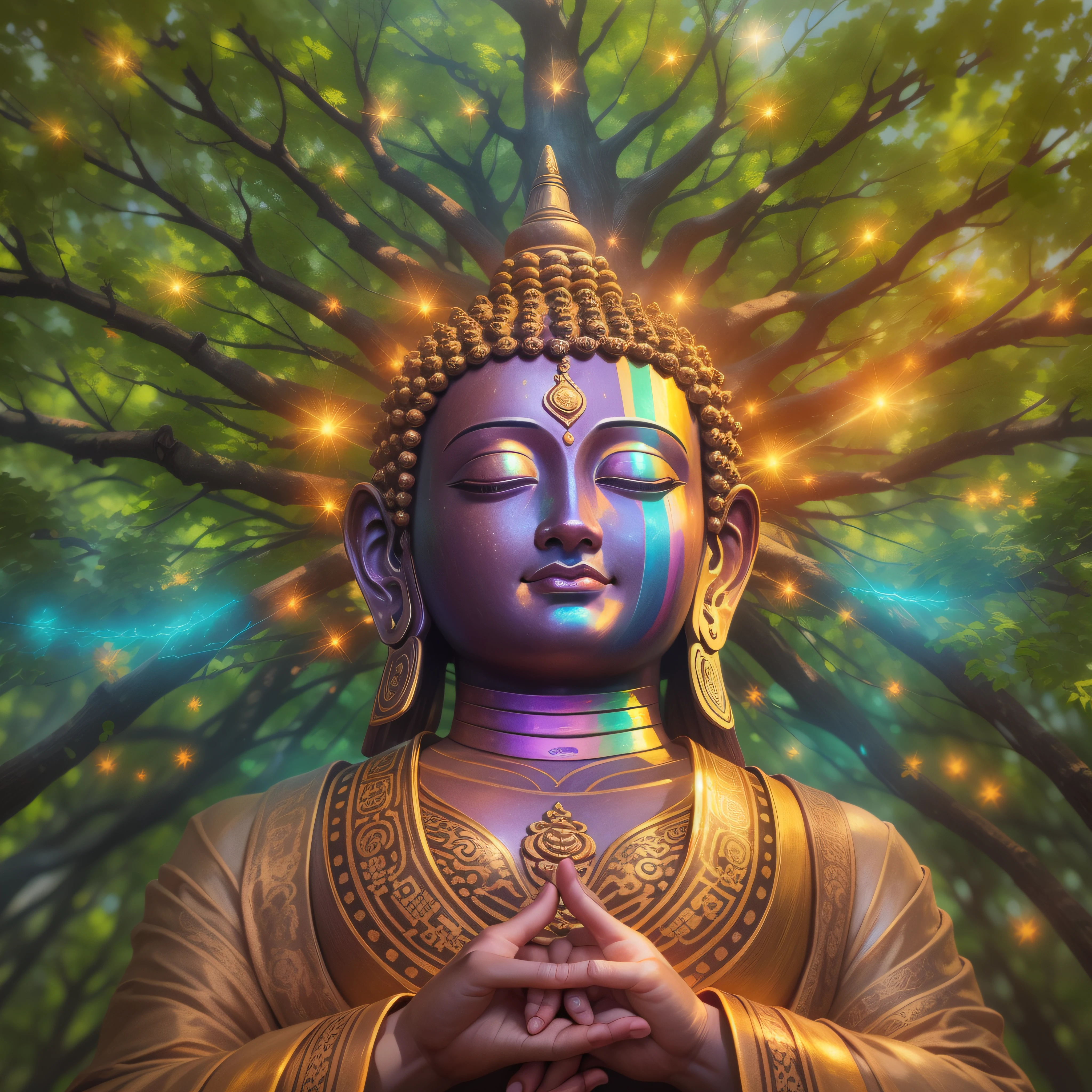 Bodhi tree, symbol of Buddhism, iridescent in rainbow colors, with a golden aura around him with a very bright divine light descending from the sky,  High Definition Image, detalhamento alto e estilo fotorrealismo. Imagem com pelo menos 300 dpi, UHD 8k