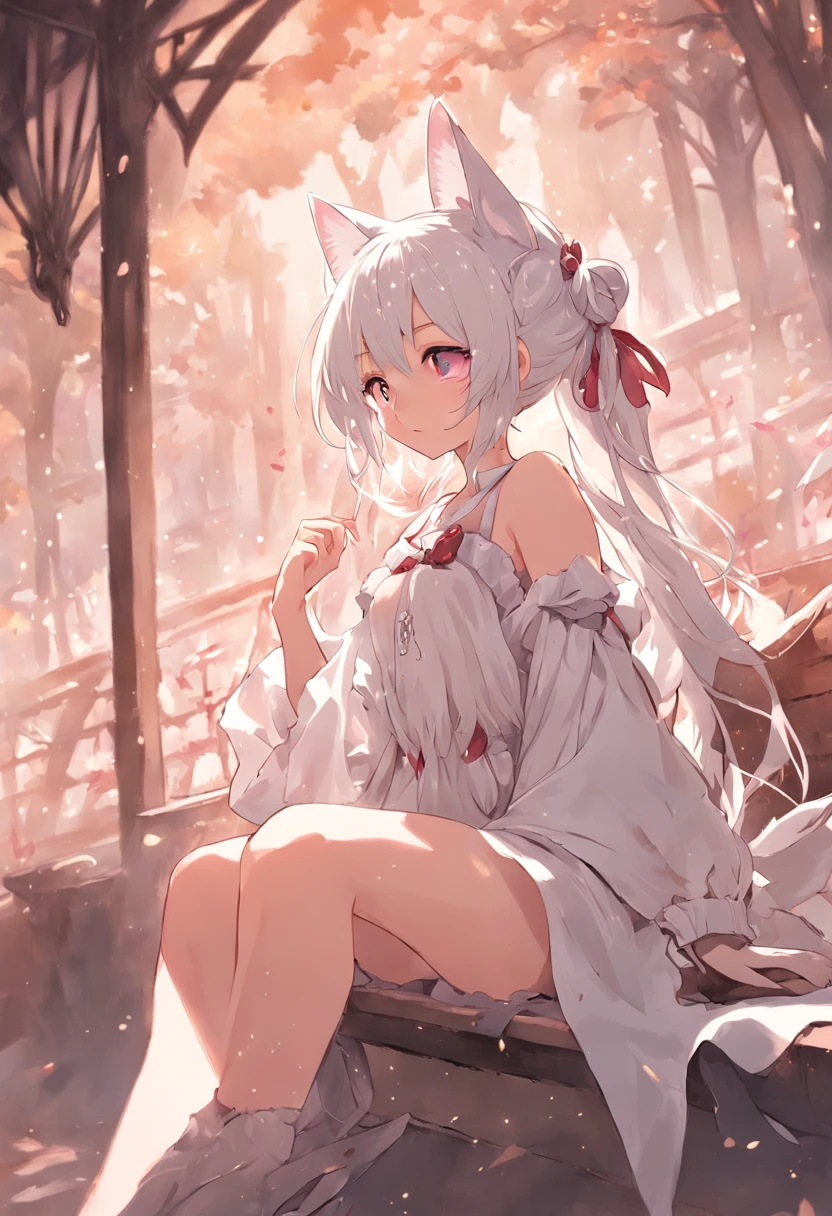 Anime girl sitting on bench，There are cat ears on the head, white dresses!! silber hair, cute anime waifu in a nice dress,No clothes, White-haired god, gray-haired girl, Perfect girl with white hair, Güvez on Pisif Art Station, whaite hair, Flowing white hair