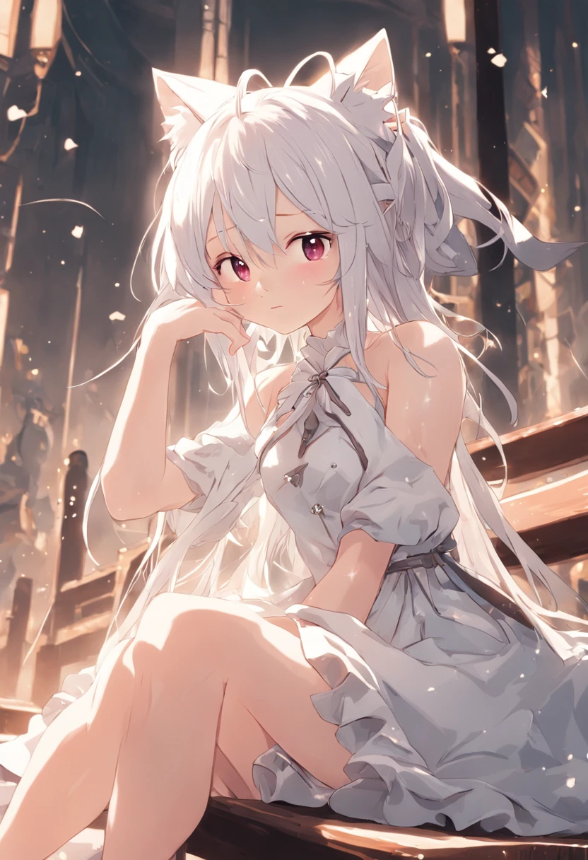 Anime girl sitting on bench，There are cat ears on the head, white dresses!! silber hair, cute anime waifu in a nice dress,No clothes, White-haired god, gray-haired girl, Perfect girl with white hair, Güvez on Pisif Art Station, whaite hair, Flowing white hair
