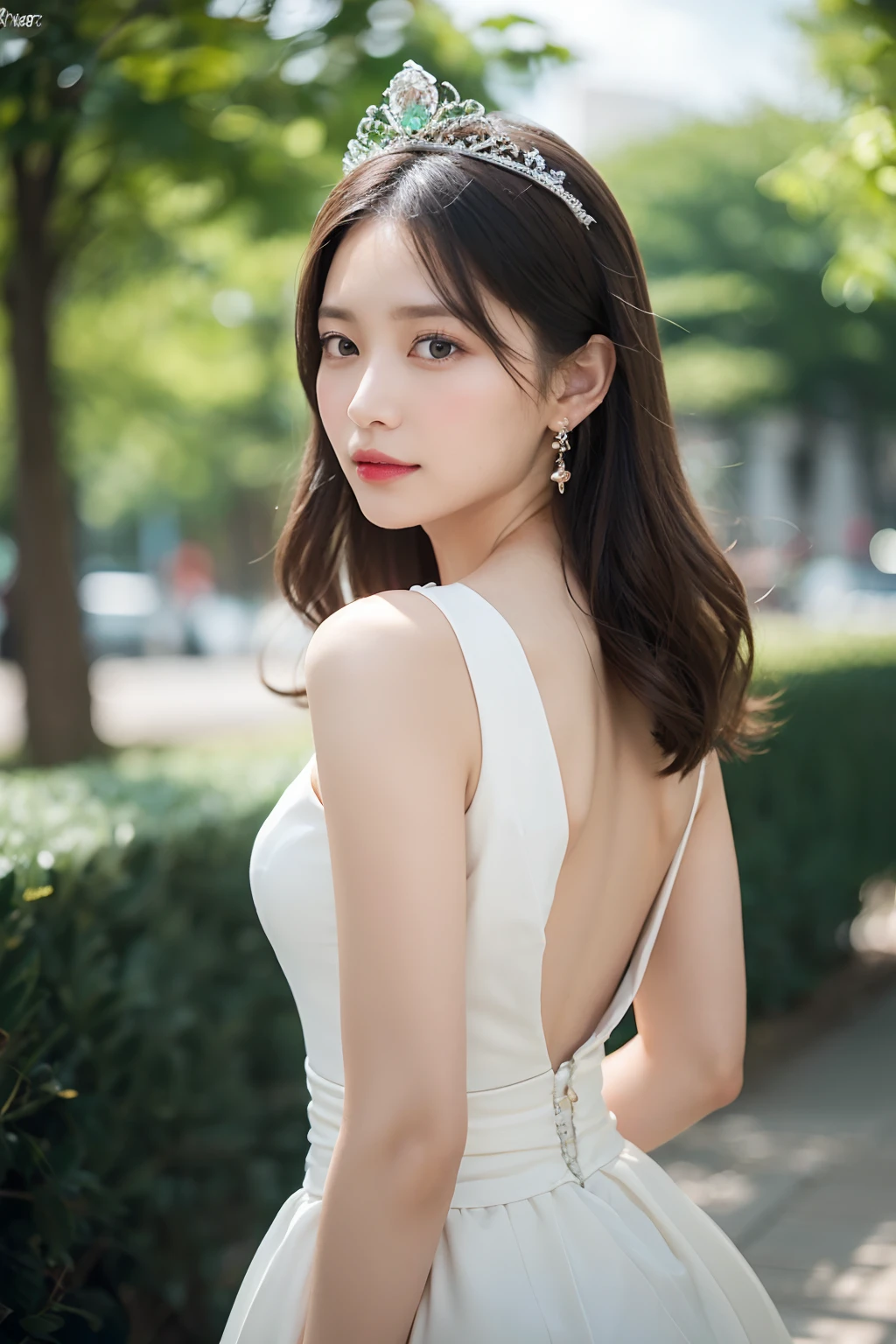 (top-quality、8K, yes、32K、tmasterpiece、hyper HD:1.2)、randome pose、(Extremely delicate and beautiful work)、(tmasterpiece)、One girl、Highly detailed elegant wedding dresses、tiara crown、A highly detailed、Enchanted expression、beautiful and clear eyes、green pupills、delicatenecklace、Delicate earrings、simple blurr background、extreme detail description、Beautiful fece、a charming、Ultra-fine painting、delicated face、Delicate figure、Thin Clavicle、Beautiful lips、soft back view、mix4、(8K、RAW photography、top-quality、tmasterpiece:1.2), (reallistic, Photorealsitic:1.37),1girl in,Cute,Cityscape, natta, Sateen, moisty, Professional lighting, photon maping, Radio City, physically-based renderingt, above waist、