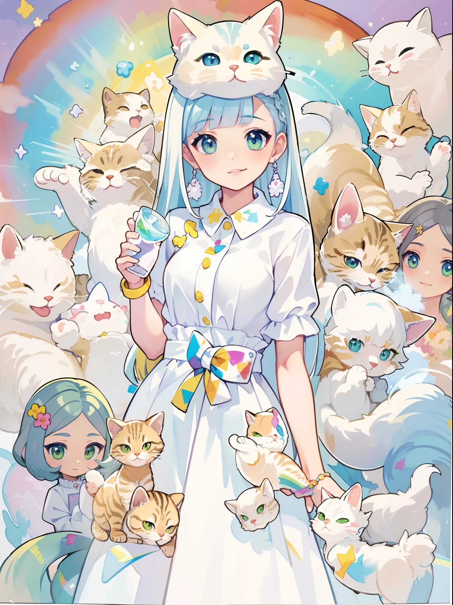 ((Best quality1.2))、((Masterpiece 1.2))、watercolor paiting、((Fashionable clothes))、((Take a cute cat 1.5))、white colors((rainbow-colored hair)),