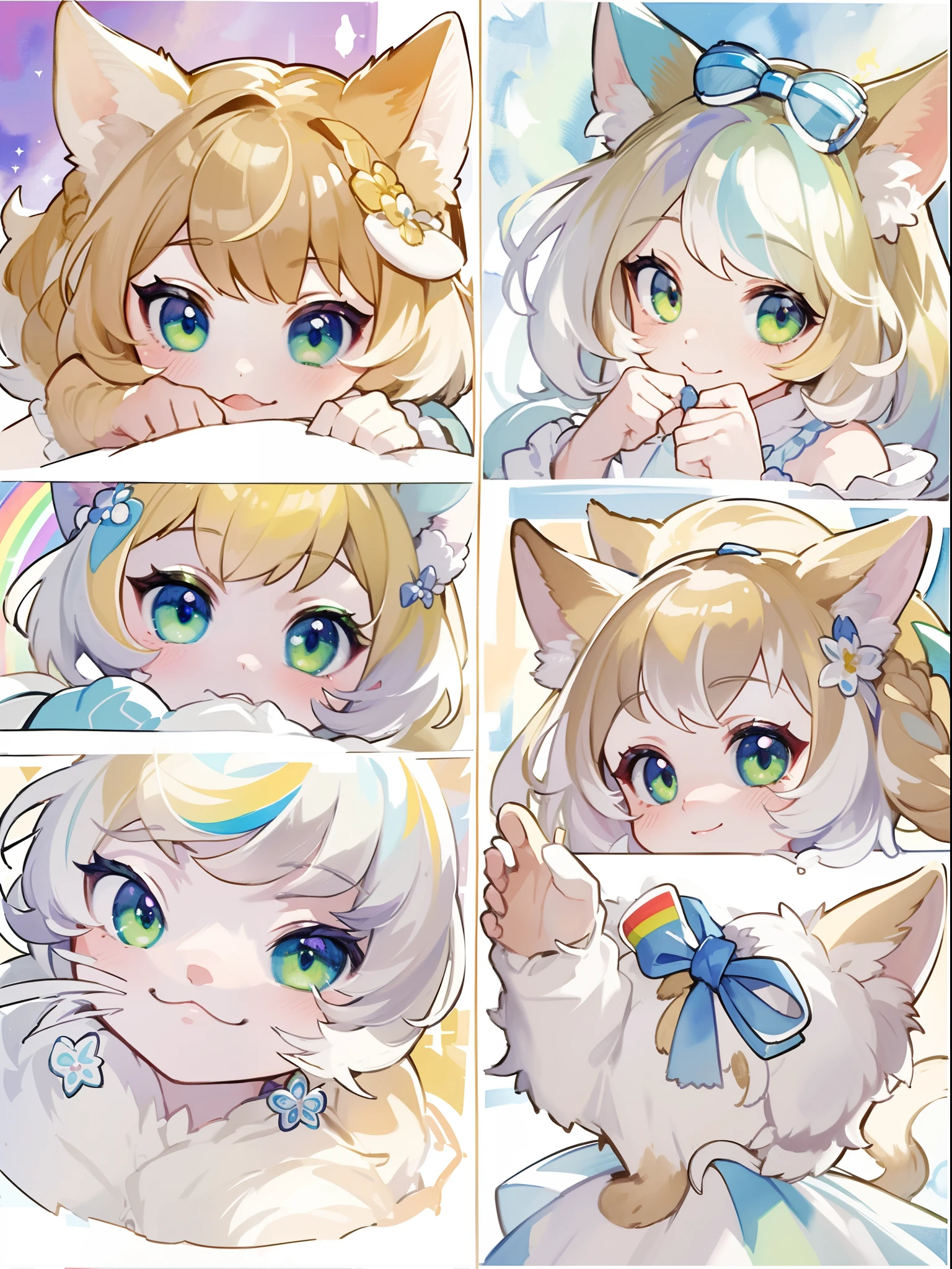 ((Best quality1.2))、((Masterpiece 1.2))、watercolor paiting、((Fashionable clothes))、((Take a cute cat 1.5))、white colors((rainbow-colored hair)),