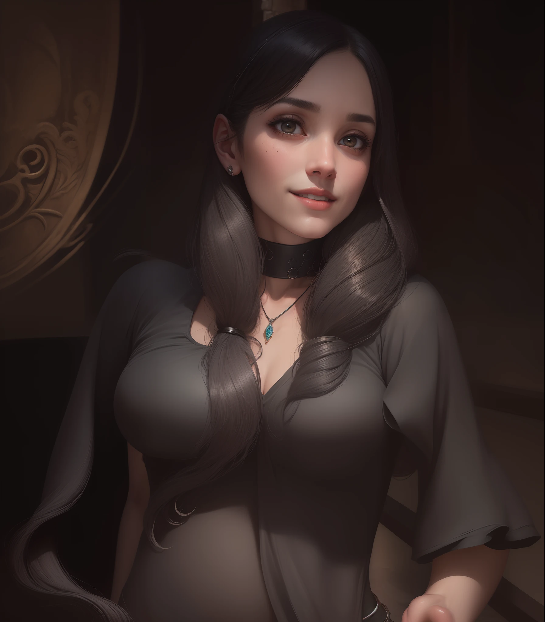 Numerous award-winning masterpieces, with incredible detail, textures and maximum detail, (Witch in Black), (Female Wizard in Black), Gentle eyes, (She has a mischievous smile on her face), Friendly and girlish face, Glass earrings on the ears, ((((Full-length portrait)))), ((((full-body standing image)))), ((((gives full-body standing image)))), (Around her neck is a simple necklace of exquisite workmanship, ((looks up)), ((looking down)), Alchemist's room, Alchemist's workshop, Alchemist's laboratory, Ruins of an old castle, Ruins of an ancient castle, Deserted ruins, crumbling ruins, Ruins with clear puddles, Ruins with clear ponds, Ruins with clear calm water, Old ruins with clear water, twilight, sunset, dusk, wavelets, ripple on water, running water