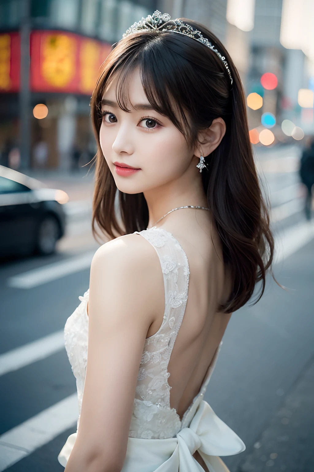 (top-quality、8K, yes、32K、tmasterpiece、hyper HD:1.2)、randome pose、(Extremely delicate and beautiful work)、(tmasterpiece)、One girl、Highly detailed elegant wedding dresses、tiara crown、A highly detailed、Enchanted expression、beautiful and clear eyes、green pupills、delicatenecklace、Delicate earrings、simple blurr background、extreme detail description、Beautiful fece、a charming、Ultra-fine painting、delicated face、Delicate figure、Thin Clavicle、Beautiful lips、soft back view、mix4、(8K、RAW photography、top-quality、tmasterpiece:1.2), (reallistic, Photorealsitic:1.37),1girl in,Cute,Cityscape, natta, Sateen, moisty, Professional lighting, photon maping, Radio City, physically-based renderingt, above waist、