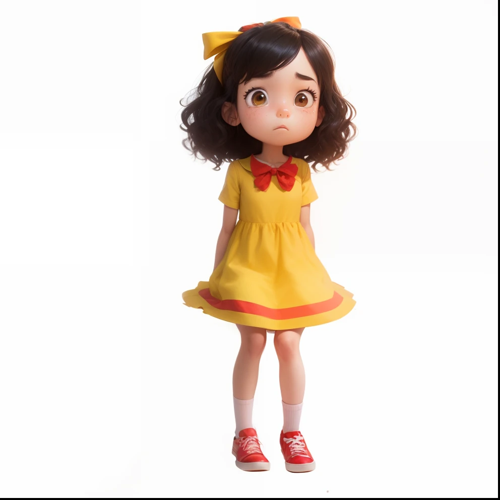 Character, Pixar cartoon style, girl, anxious and restless, sitting on a chair inside the classroom, black, wavy hair, brown eyes, with a yellow dress, red shoes, and a red bow in her hair