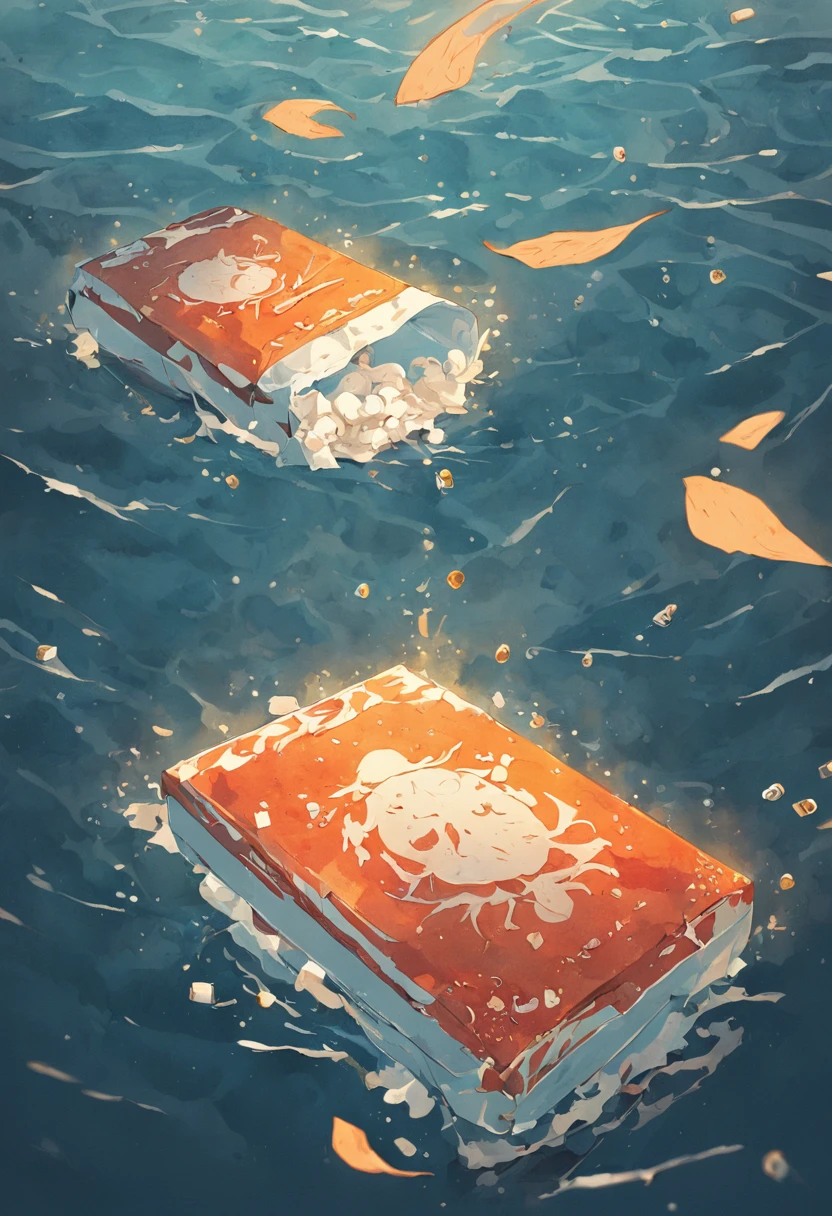 A pack of cigarette packs floats on the surface of the sea,The sea is littered with cigarette butts,Raindrops hit the sea,Dark and gloomy sky