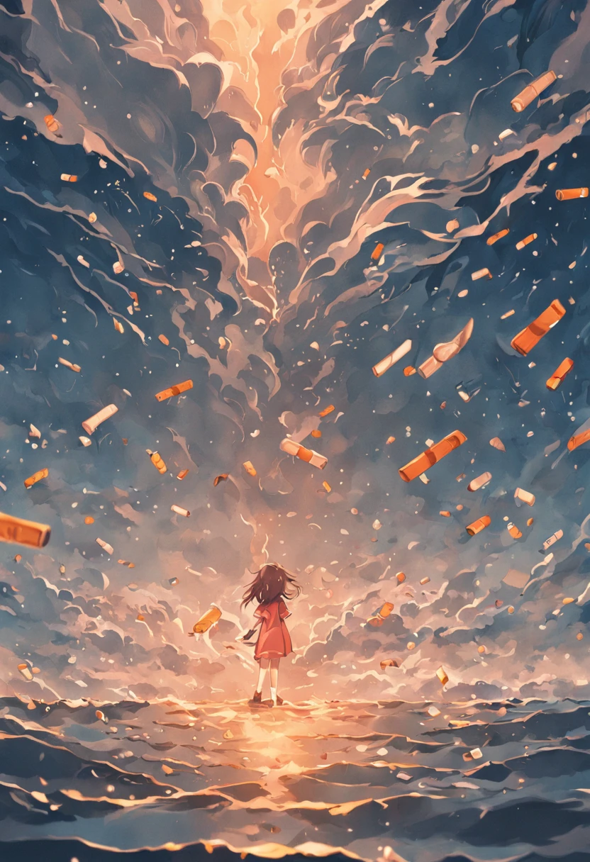 A pack of cigarette packs floats on the surface of the sea,The sea is littered with cigarette butts,Raindrops hit the sea,Dark and gloomy sky