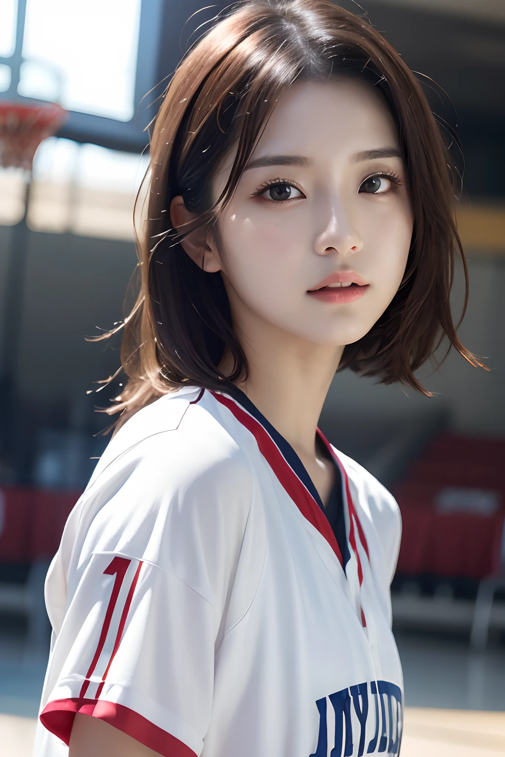 clothed、(photo real:1.4)、(Hyperrealistic:1.4)、(Realstic:1.3)、
(Smoother lighting:1.05)、(Improved lighting quality in movies:0.9)、32 k、
1GIRL、20 years old girl、Realistic Lighting、Backlit、Facial light、Ray Trace、(Brightening light:1.2)、(Increase quality:1.4)、
(Top Quality Real Texture Skin)、Fine eyes、finerly detailed face、
(Tired, sleepy and satisfied:0.0)、closeup on face、basketball uniform:1.3、
(Bodyline mood improvement:1.1)、Glossy skin、actress、korean idol、Nogizaka Idol、hposing Gravure Idol、Beautiful actress、Neat and clean woman、