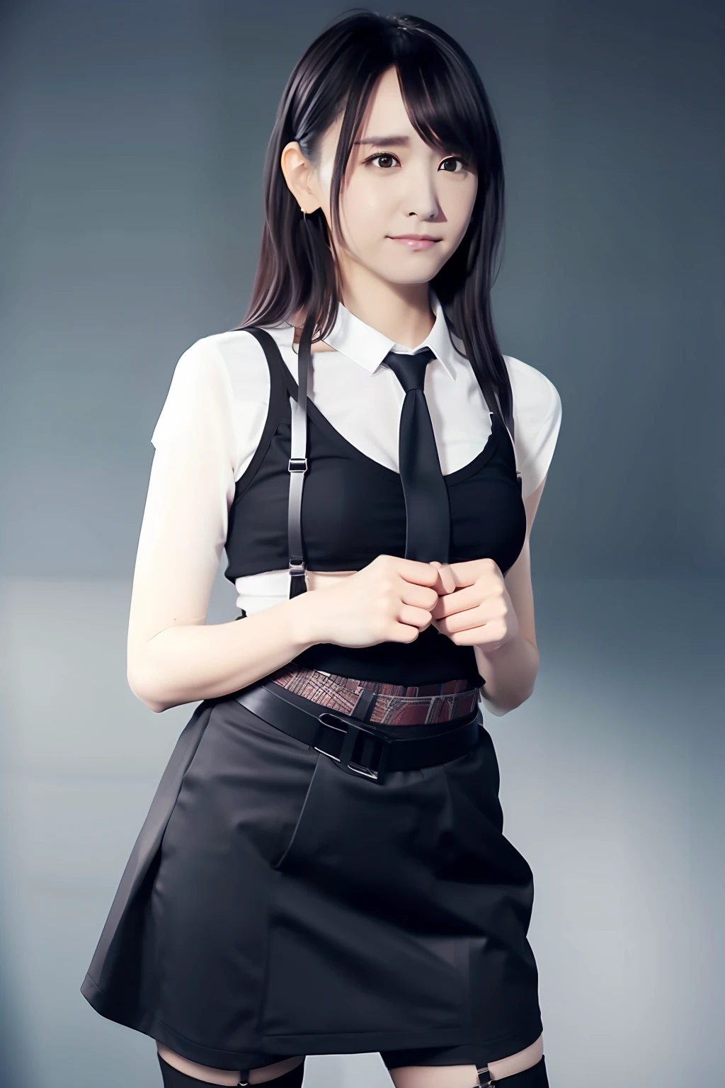 a black skirt, neck tie, Tank Tops suspenders, Long Black Hair, Gray eyes, holster, Garter belt on the legs, , Moderately breasts, Pichi Pichi clothes, both sides deadpan Behind