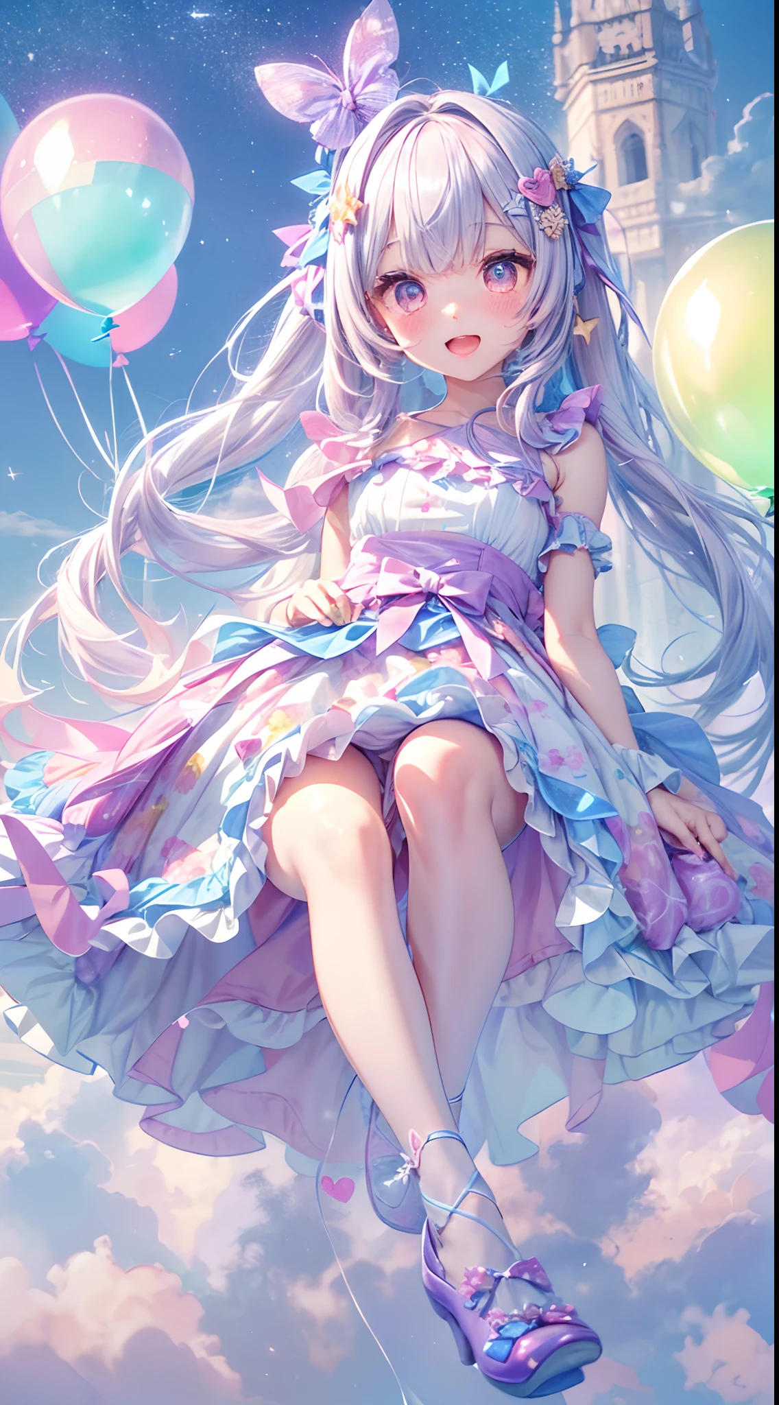 (fullbody, legs and shoes visible: 1.2)) expressive eyes, woman, pale skin, long hair, windblown hair, ((absurdly long hair)), long sidelocks, hime bangs, hair fringe, hair bun, ((very long twintails)), iridescent hair, light pink hair, blushing, full face blushing, big sparkling pastel purple eyes, (gradient eyes), open mouth smile, cute pose, ((holding balloons : 1.3)) 
((cute and pastel fashion)) ((🌞🥳😃🌹🌷🌳 theme : 1.4)) flowy pastel dress, ((dreamy multicolored open dress)), (floating ribbons), lavender ruffles, pink frills, (light blue lace), detached short sleeves, puffy skirt, ((rainbows and stars print skirt : 1.3)), lolita skirt, purple bows, ((pompon ribbons hair ornament : 1.4)), multiple bows, striped lace stockings, (heart shaped leg garter), cute (pastel purple) shoes ((hyperdetailed clothing and fashion)) looking at you, vintage girl, blushing, (beautiful detailed eyes), (extremely detailed CG unity 8k wallpaper) (best shadow), ((an extremely delicate and beautiful)), (detailed light), ((depth of field)) big head, big sparkling eyes, moe, splash art, cinematic lighting, frontal view, volumetric lighting maximalist photo illustration 64k resolution high res intricately detailed complex key visual precise linear 
((in the dreamy pastel sky background, surrounded by sunset clouds, shooting stars, castles in the clouds)) ((hyperdetailed scenery, foggy clouds, suspended by balloons, hearts : 1.3))