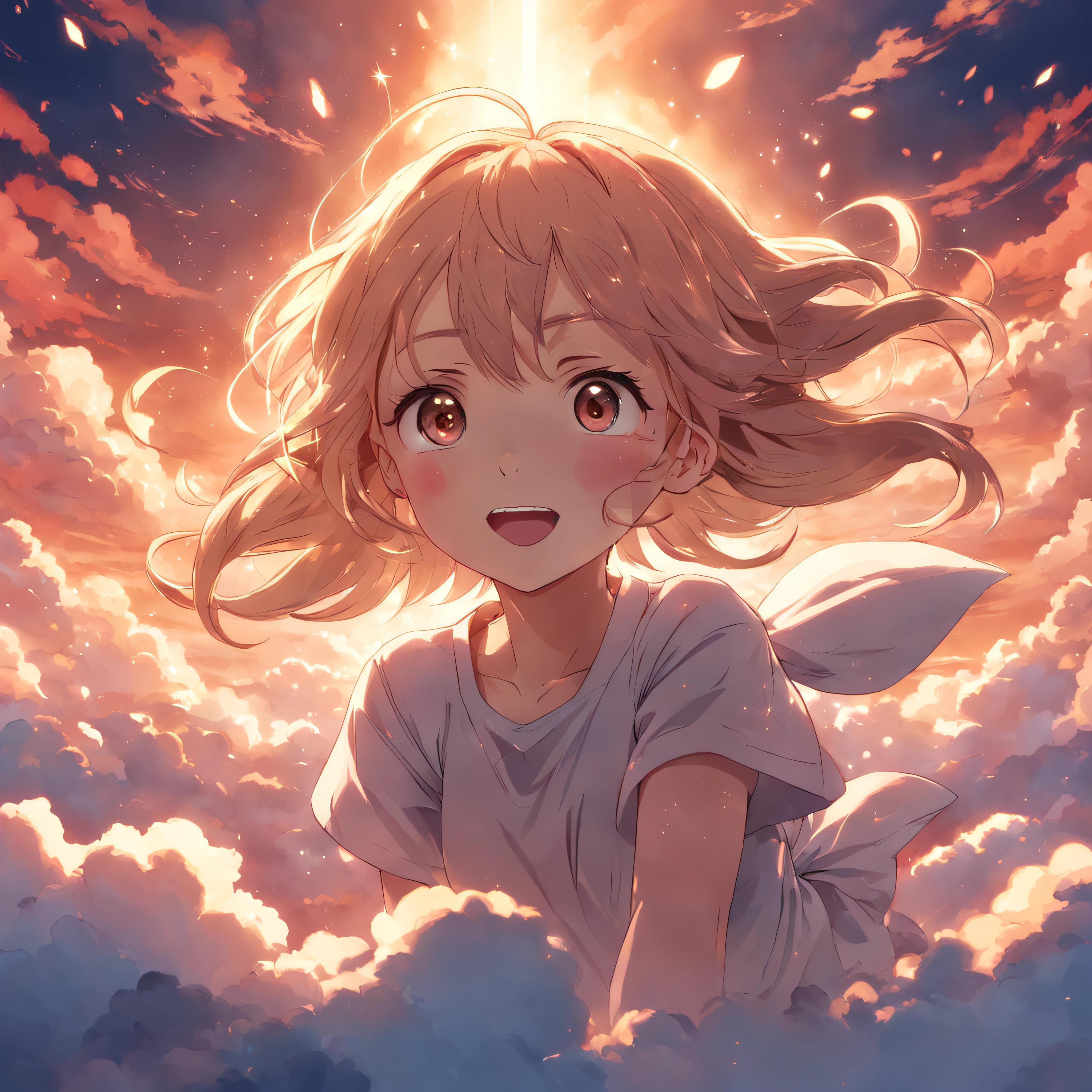 masterpiece, best quality, movie still, 1girl, cloud girl, floating in the sky, close-up, bright, happy, warm soft lighting, sunset, (sparks:0.7)