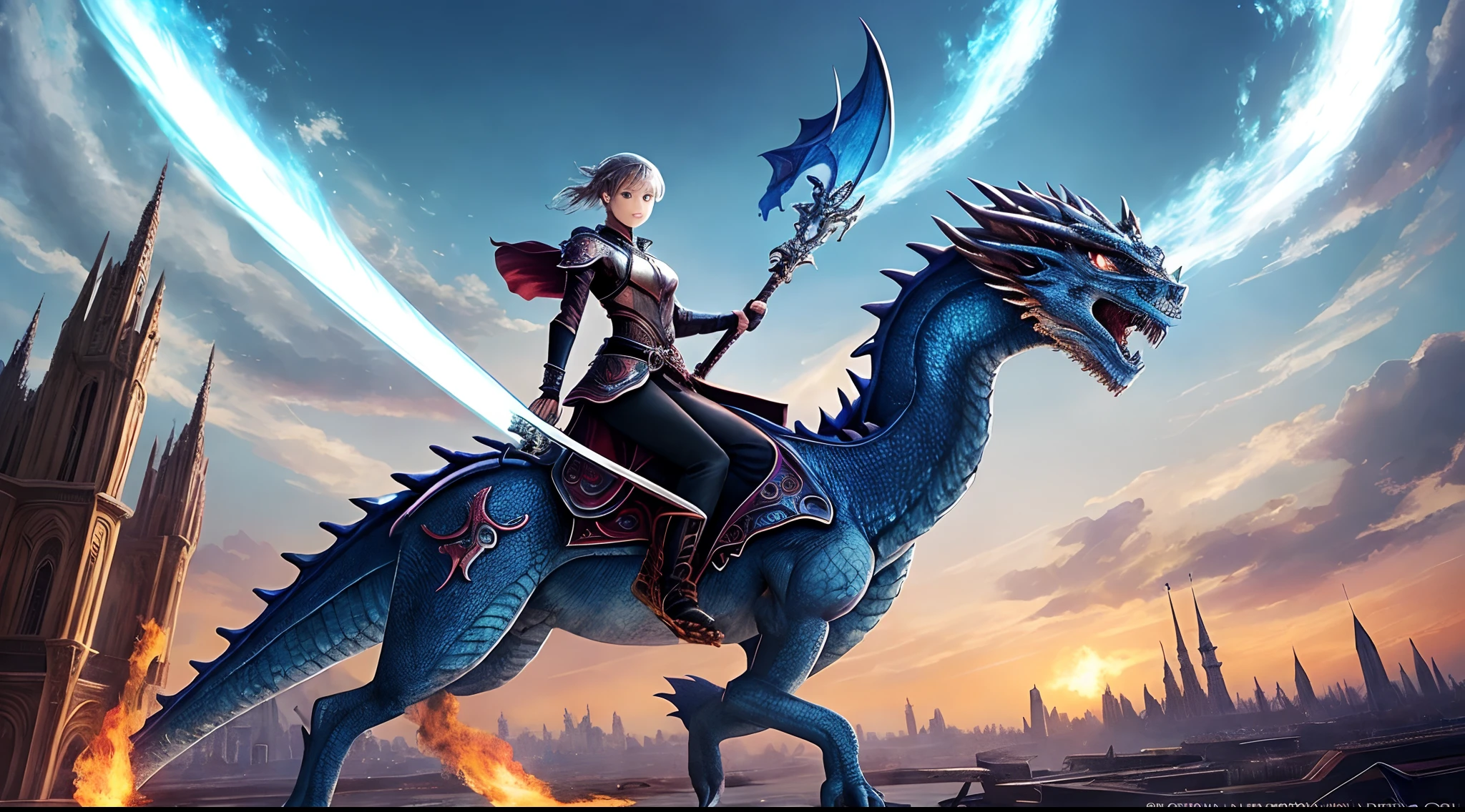 (Best Quality, Masterpiece: 1.1), (Realistic: 1.4), Beautiful girl is riding on the dragon, flying in the sky, god ray ,teen, silver short hair, blue eyes, over the city, fractal art,Girl holds a sword in her right hand、Dragon breathes fire from its mouth,The city on fire