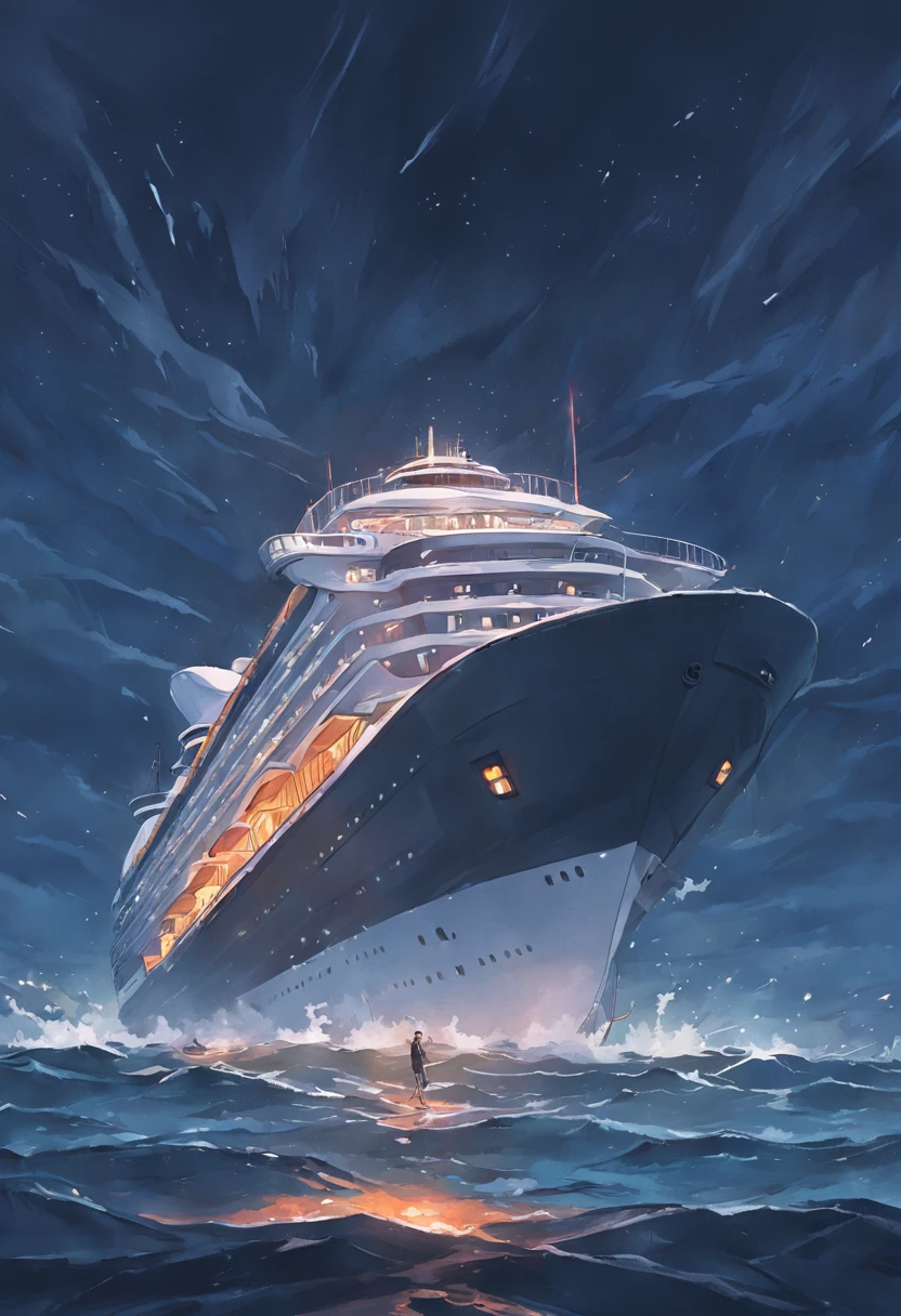 A luxury cruise ship in the distance of the sea center,Surrounded by a dark and gloomy sky,Rough seas。