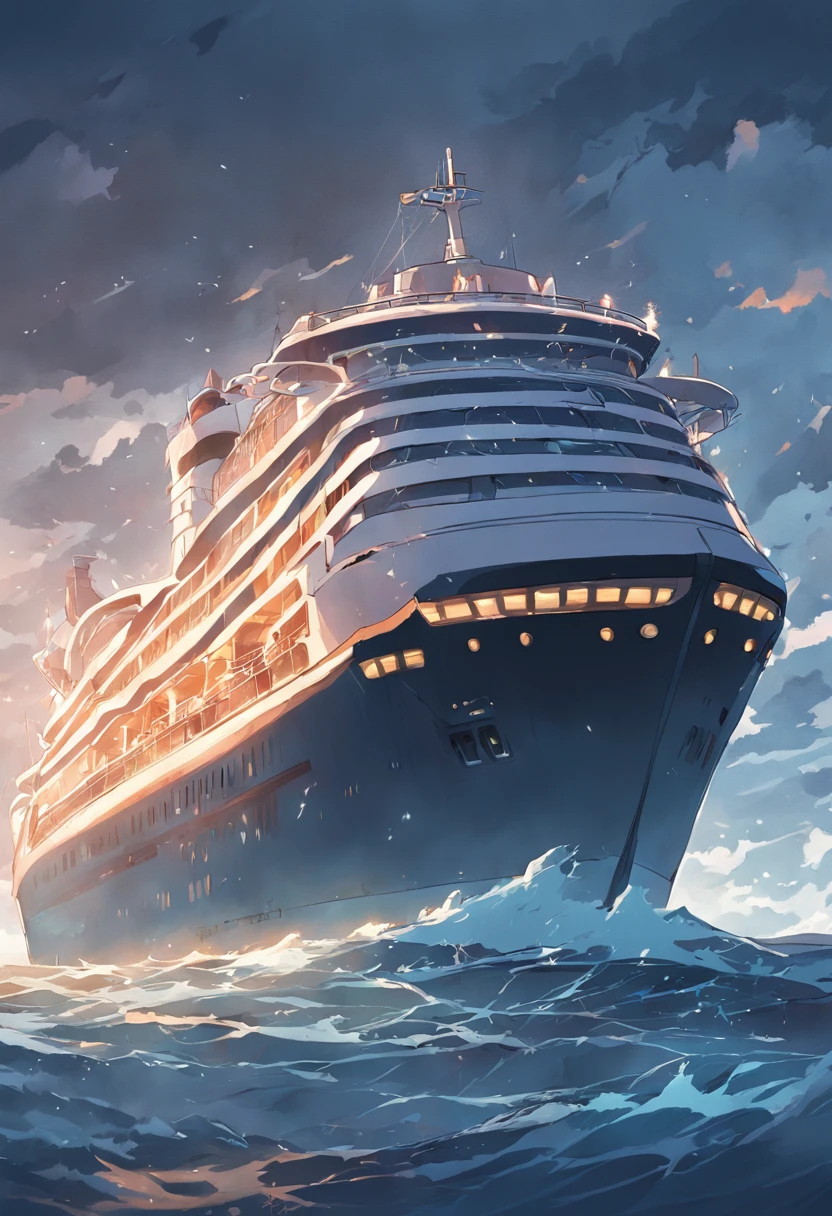 A luxury cruise ship in the distance of the sea center,Surrounded by a dark and gloomy sky,Rough seas。