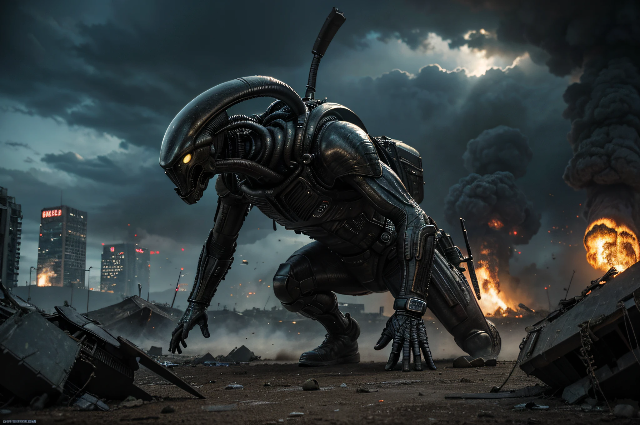 "RAW photo, best,masterpiece, best quality, high quality, extremely detailed,Alien Invasion Scenario: Intense action, suspenseful atmosphere, advanced alien technology, desperate fight for survival, epic battle scenes, high stakes, Earth under attack, Showcase powerful alien creatures, heroic resistance, exciting encounters, twists shocking in the plot destroyed urban landscape, hyper-realistic image, highly detailed".