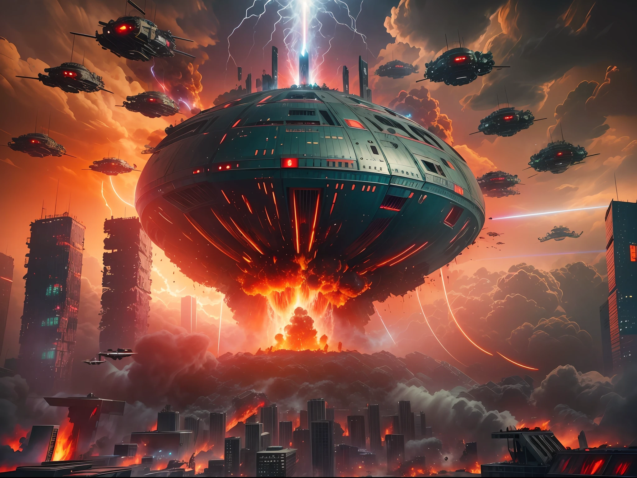 "An extraordinary image capturing a futuristic Tokyo under invasion by alien forces. the alien destroy the city by shooting laser to it, explosion, destroyed city, collapse d building and house, fire, burning street,fire, marvel style alien sky  mothership looms overhead, accompanied by a swarm of smaller alien vessels."