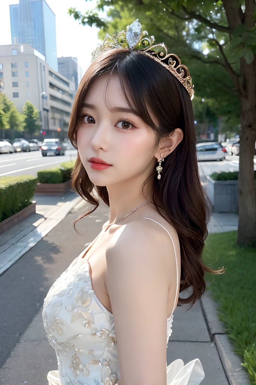 (top-quality、8K, yes、32K、tmasterpiece、hyper HD:1.2)、randome pose、(Extremely delicate and beautiful work)、(tmasterpiece)、One girl、Highly detailed elegant wedding dresses、tiara crown、A highly detailed、Enchanted expression、beautiful and clear eyes、green pupills、delicatenecklace、Delicate earrings、simple blurr background、extreme detail description、Beautiful fece、a charming、Ultra-fine painting、delicated face、Delicate figure、Thin Clavicle、Beautiful lips、soft back view、mix4、(8K、RAW photography、top-quality、tmasterpiece:1.2), (reallistic, Photorealsitic:1.37),1girl in,Cute,Cityscape, natta, Sateen, moisty, Professional lighting, photon maping, Radio City, physically-based renderingt, above waist、