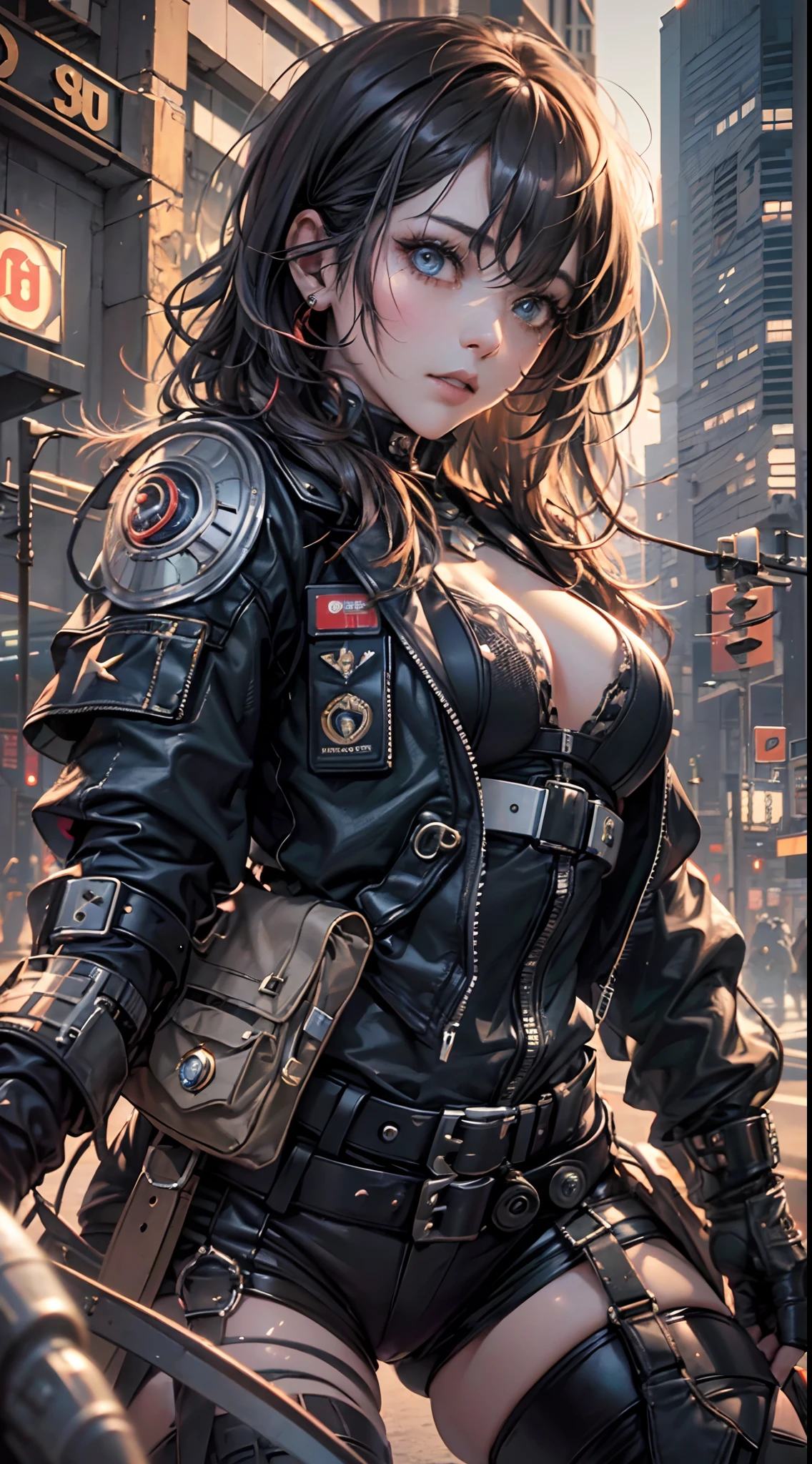 A woman in a leather jacket and gloves standing in a city - SeaArt AI