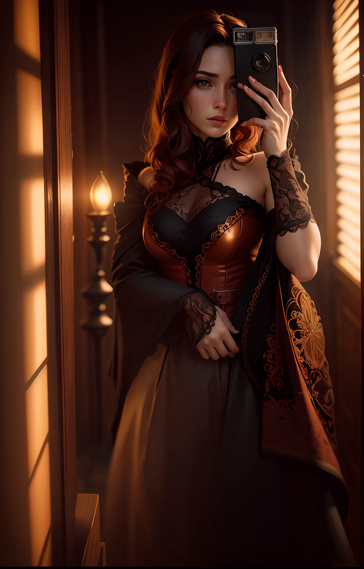 romantic steampunk style, masterpiece, full color photo, best quality, 8k, artstation, sharp focus, ultrarealistic, high details, raw photo ofa portrait of a pole, undercut hair, freckles, lace revealing dress, amazing body, pronounced feminine feature, (redhead:0.4), (photorealistic:1.3), (highest quality:1.3), (film grain:1.3), ( world's best photography:1.3), (professional Photo:1.3), (detailed details:1.3), (cinematic light:1.3), ( cinematic color:1.3), maximum depth of field, film photography, ( intricate details:1), (hyperdetailed:1), (((SFW)))