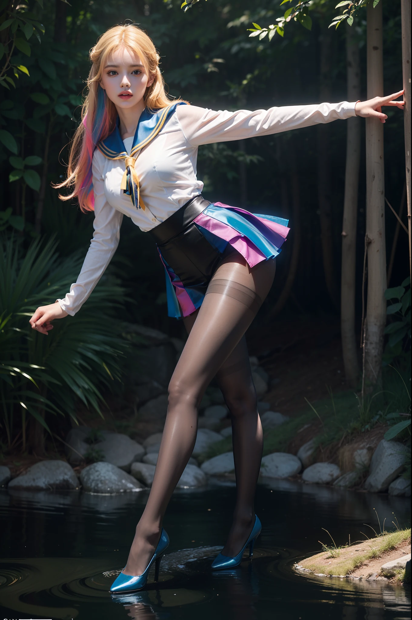 (full body:2),(1girl:1.3),(view the viewer:1.4),(anatomy correct:1.4),(((colorful pantyhose)):1.3), (pointed thick heels :1.3),((Satin extra-long gloves):1.2),((Dancing By the creek in the forest):1.2),(sailor suit and High waisted Striped pleated skirt:1.3),(Extra Long blonde Hair:1.2),(Accurate and perfect face:1.3),(Long legs and big feet:1.3),((Polished clothing):1.2),((Skin reflection , Skin Gloss):1.2),((((( colorful)))):1.2),hyper HD, Ray traching, reflective light, structurally correct, Award-Awarded, high detail, lighten shade contrast, Face lighting ,cinematic lighting, masterpiece, super detailing, high quality, high detail, best quality, 16k,High contrast,