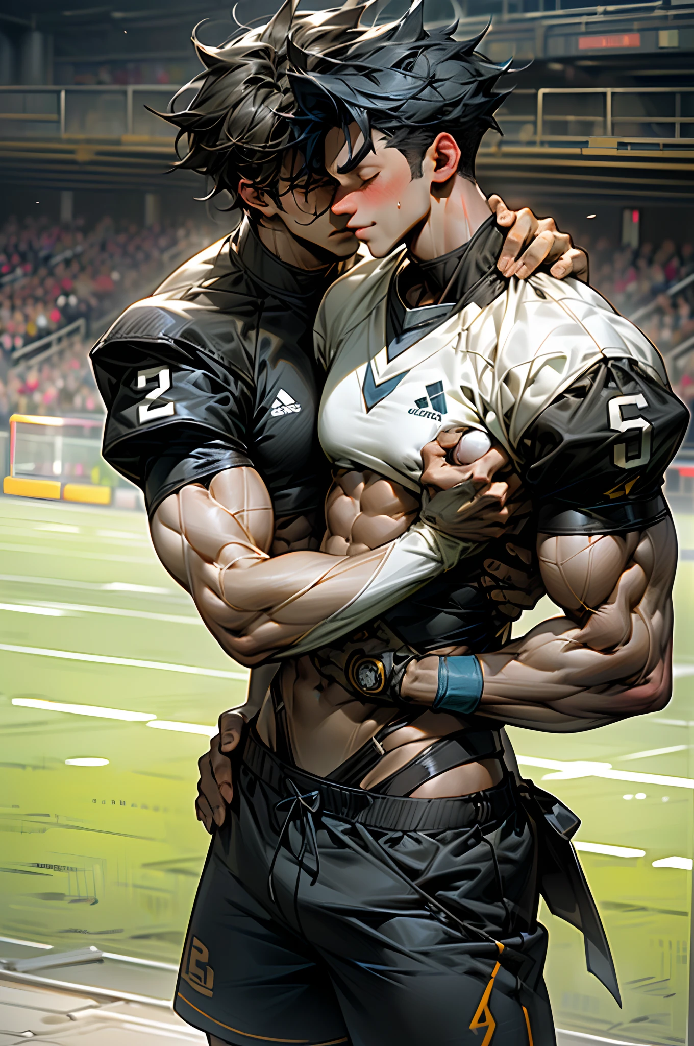 muscles men's shorts white socks football field sunshine handsome hormones gay hug kissing mouth touch head sexy abs pectorals touch chest pinching neck tease