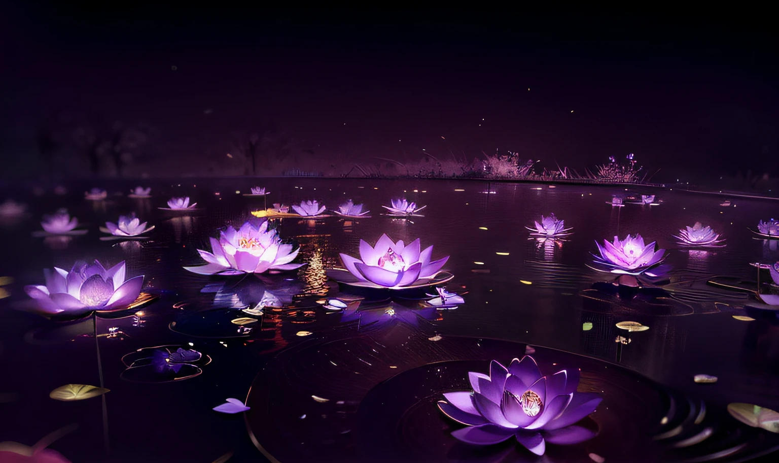 Purple flowers floating in pools on dark background,, A beautiful artwork illustration, Beautiful digital artwork, Beautiful art UHD 4 K, Anime art wallpaper 4 K, Anime art wallpaper 4k, background artwork, Anime art wallpaper 8 K, Amazing wallpapers, Very Beautiful Digital Art, Lotus pond, beautiful digital art