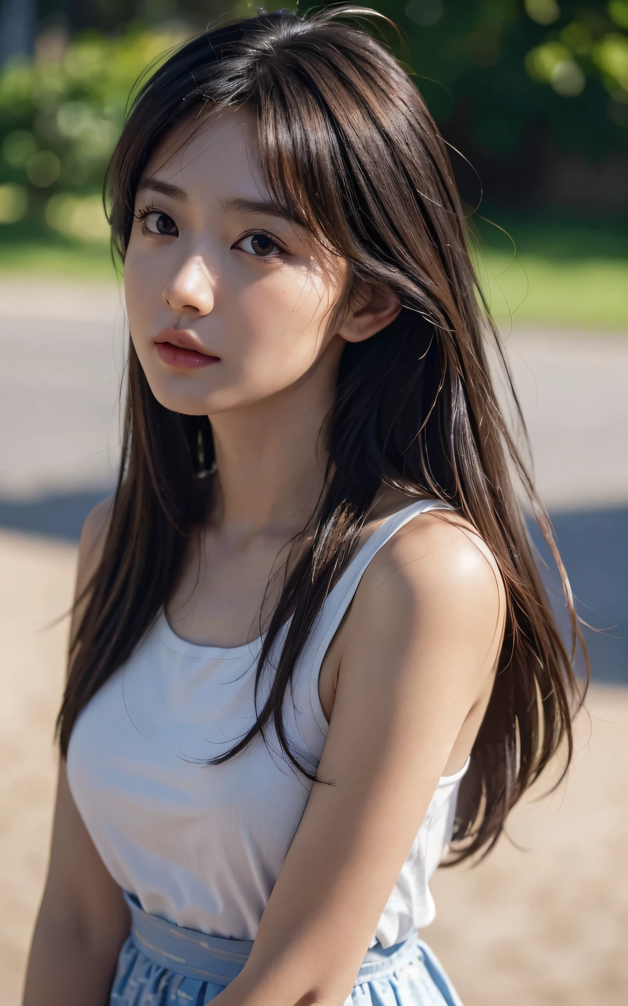 Neat college girl, petite person, (white camisole, white panties), outside the athletic field, (slim, small, flat, small), photorealistic, detail, skin texture, ultra detail, delicate and sexy collarbone, troubled expression, super detailed face, detailed lips, detailed eyes, double eyelids, all fours, sexy pose