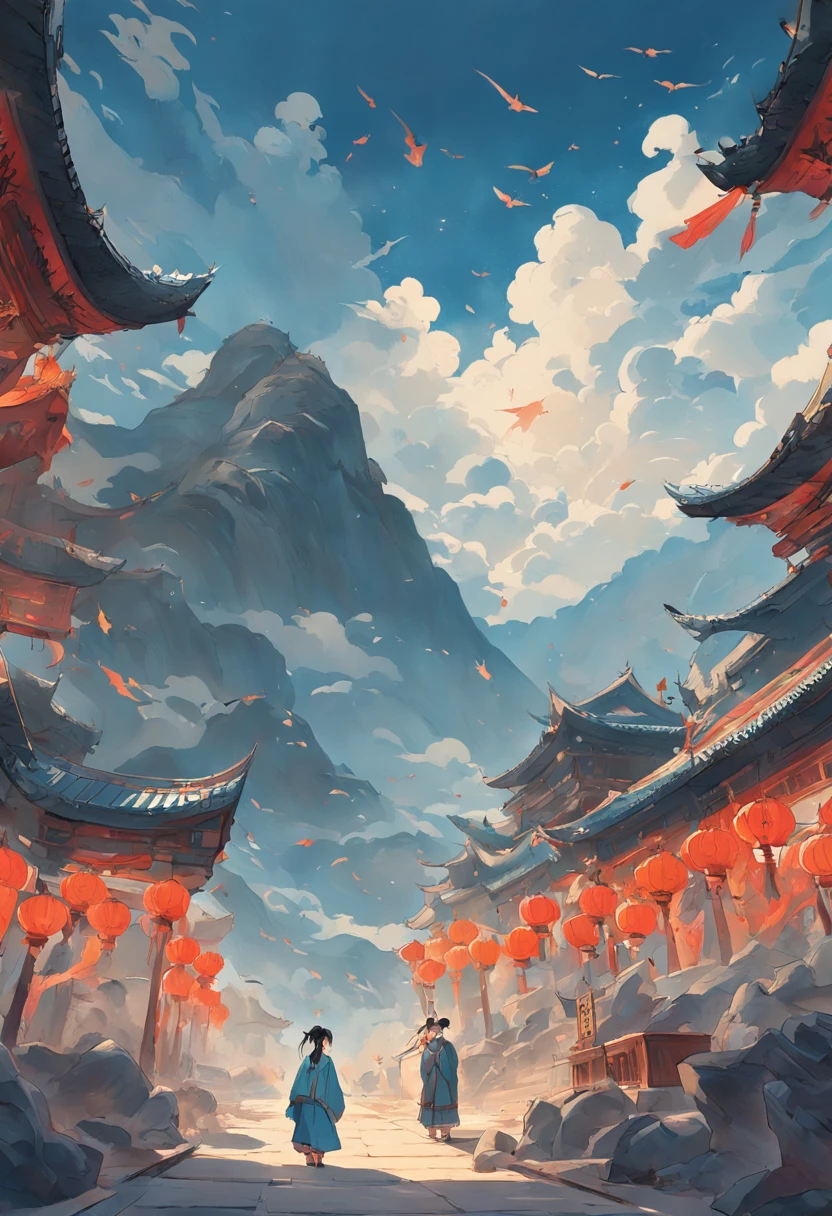 An ancient Chinese painting,Ancient Chinese background,mountain ranges,rios,Mountain and Sea Sutra,Blue Bird Bifang Divine Beast,Sun,shadowing,Auspicious clouds,Implement composition,