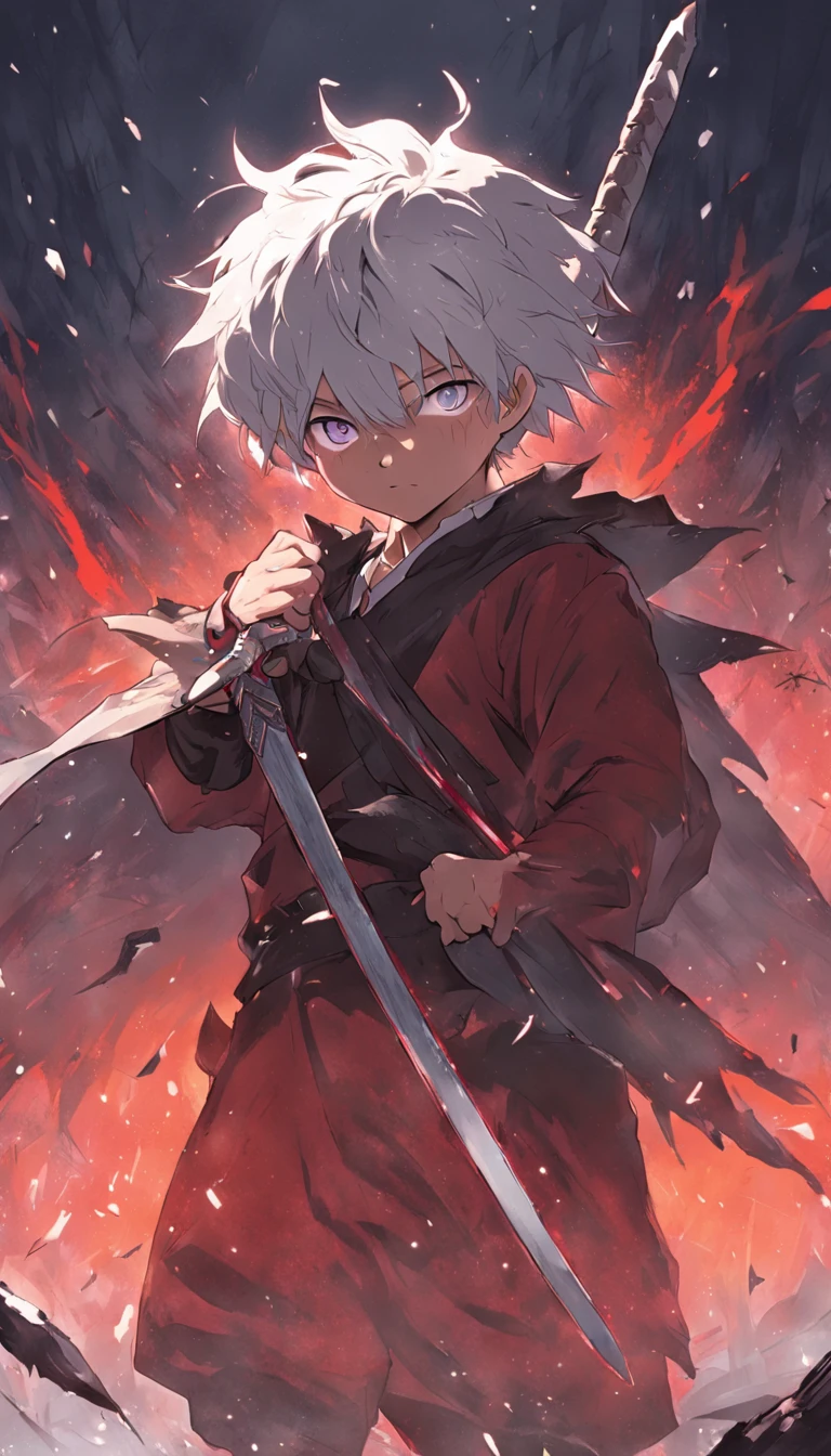 An epic scene in a desolate village reduced to ruin, it is snowing and there is a young white-haired boy who even bruised and bleeding holds a sword and faces a giant demon with dark skin and big horns