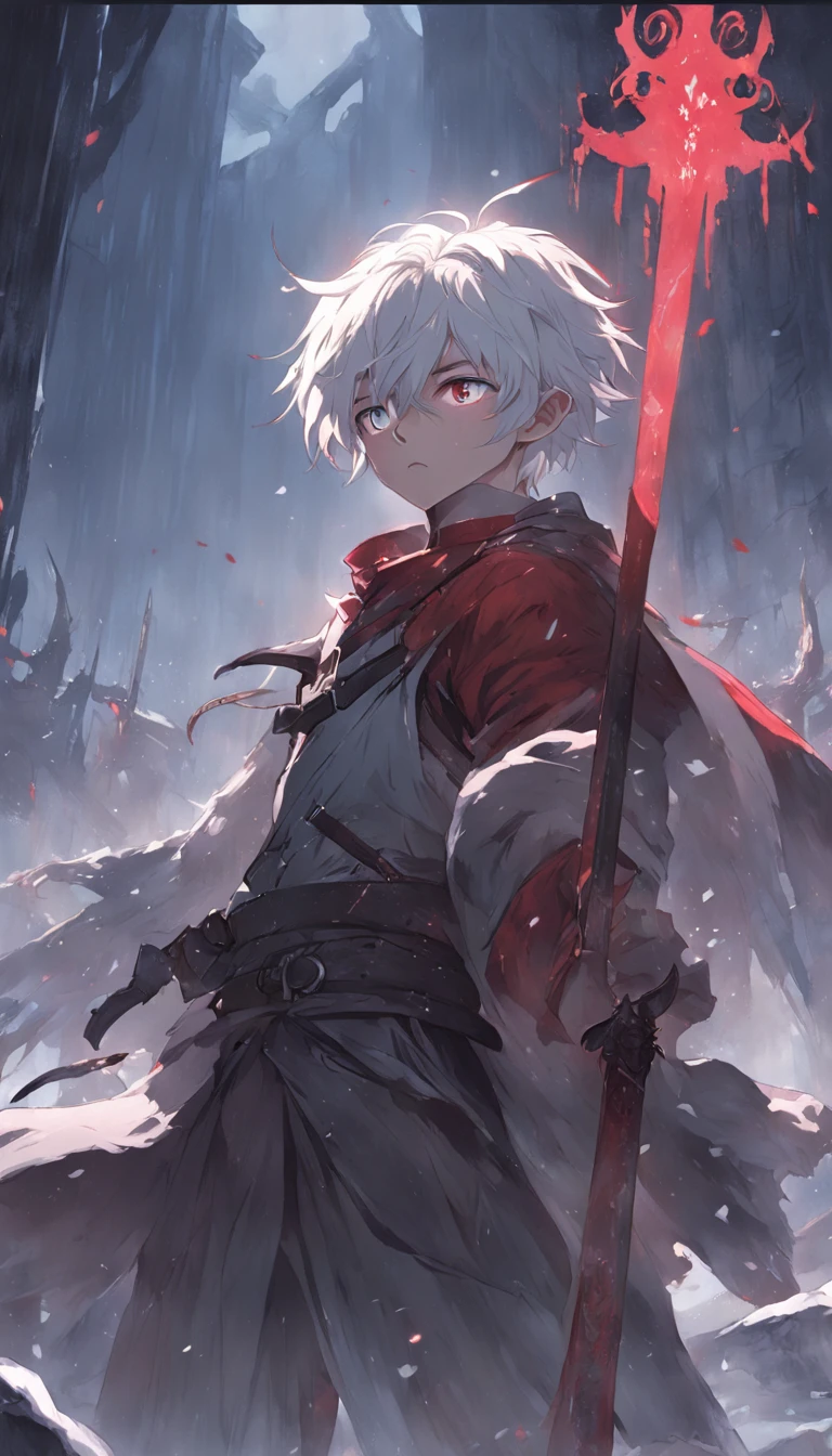 An epic scene in a desolate village reduced to ruin, it is snowing and there is a young white-haired boy who even bruised and bleeding holds a sword and faces a giant demon with dark skin and big horns