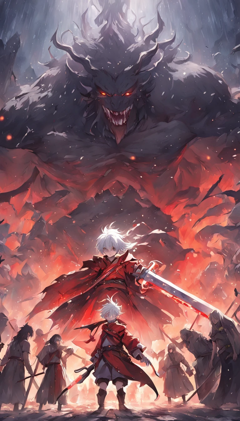 An epic scene in a desolate village reduced to ruin, it is snowing and there is a young white-haired boy who even bruised and bleeding holds a sword and faces a giant demon with dark skin and big horns