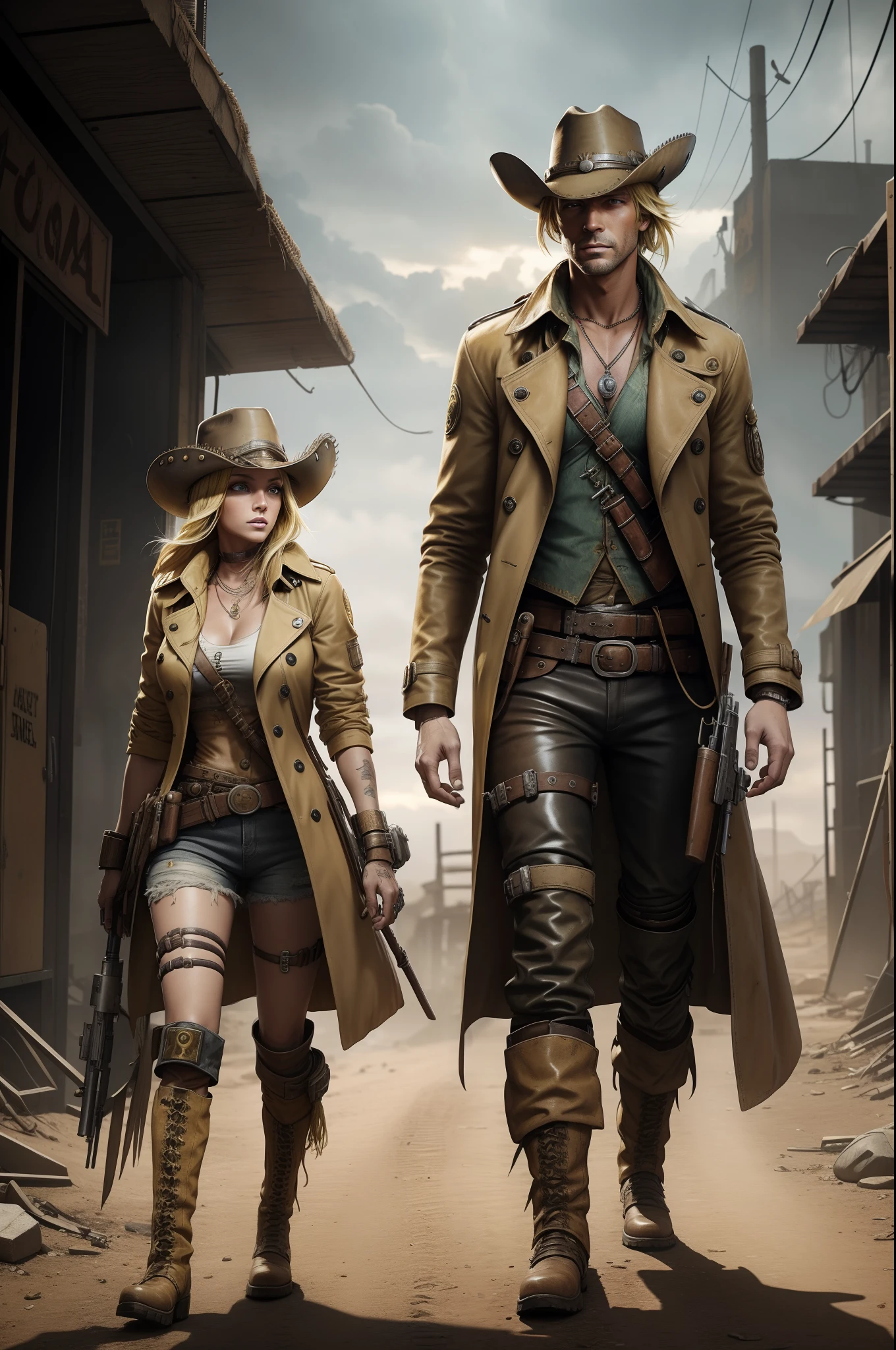 there is a blonde woman in a bright yellow hat and trench coat that looks like a finches feathers, in a post apocalyptic setting, cyberpunk wild west, post - apocalyptic cowboy, post apocalyptic explorer, post apocalyptic western style, cyberpunk style outfit, post apocalyptic, cinematic full body shot, post apocalyptic attire, western steampunk