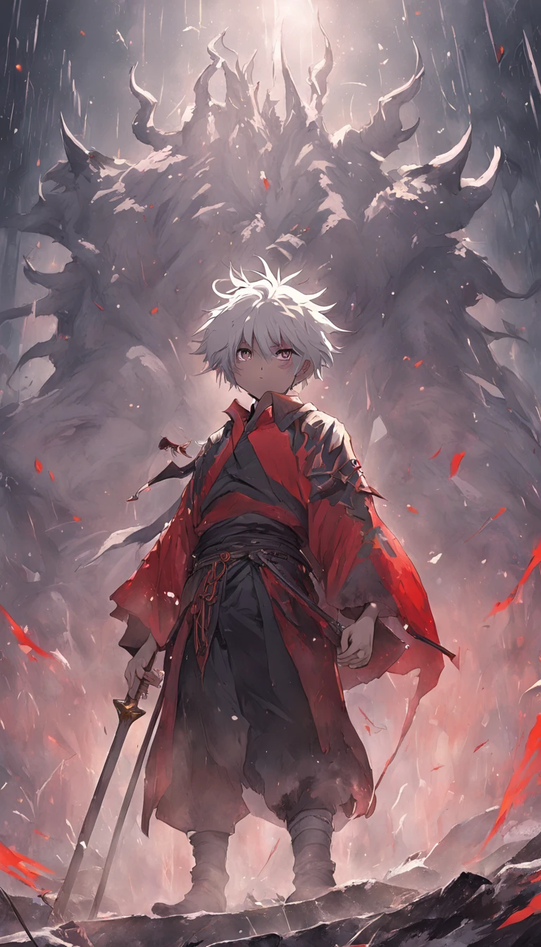An epic scene in a desolate village reduced to ruin, it is snowing and there is a young white-haired boy who even bruised and bleeding holds a sword and faces a giant demon with dark skin and big horns