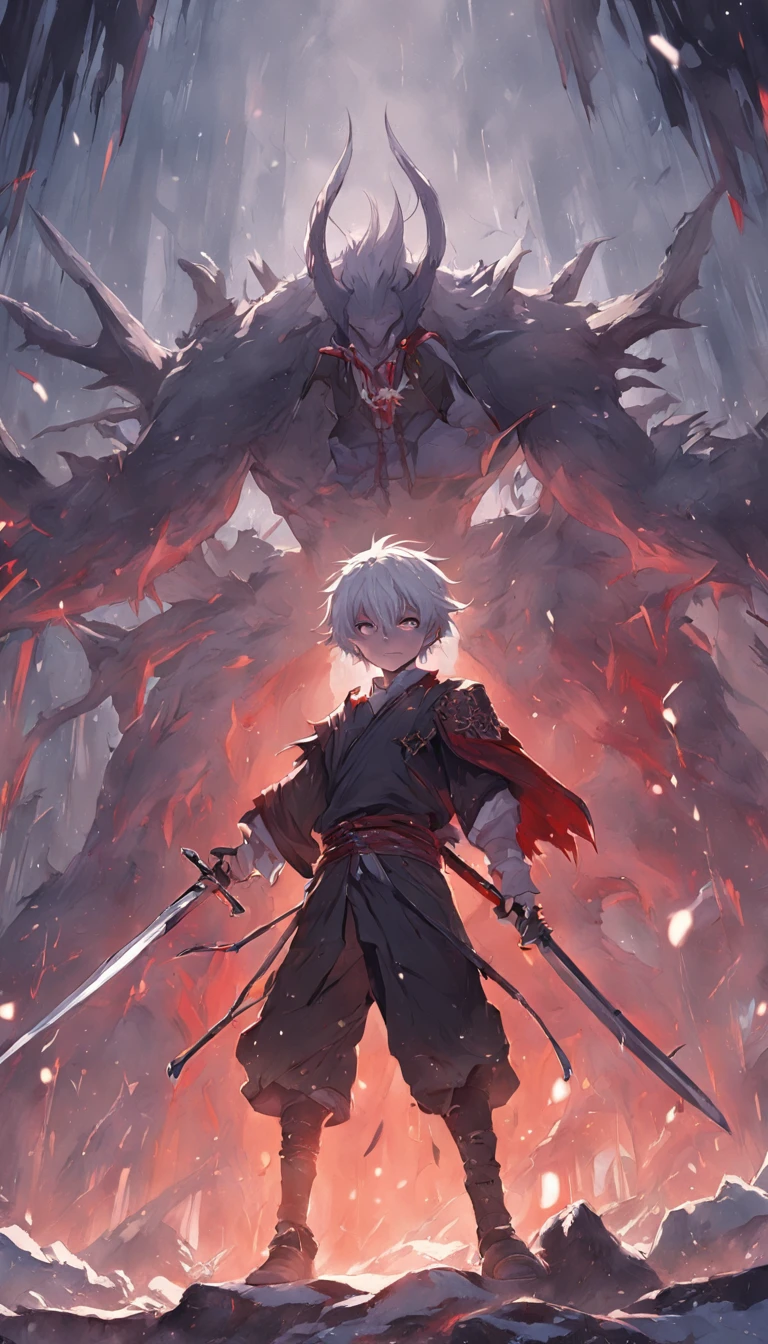 An epic scene in a desolate village reduced to ruin, it is snowing and there is a young white-haired boy who even bruised and bleeding holds a sword and faces a giant demon with dark skin and big horns