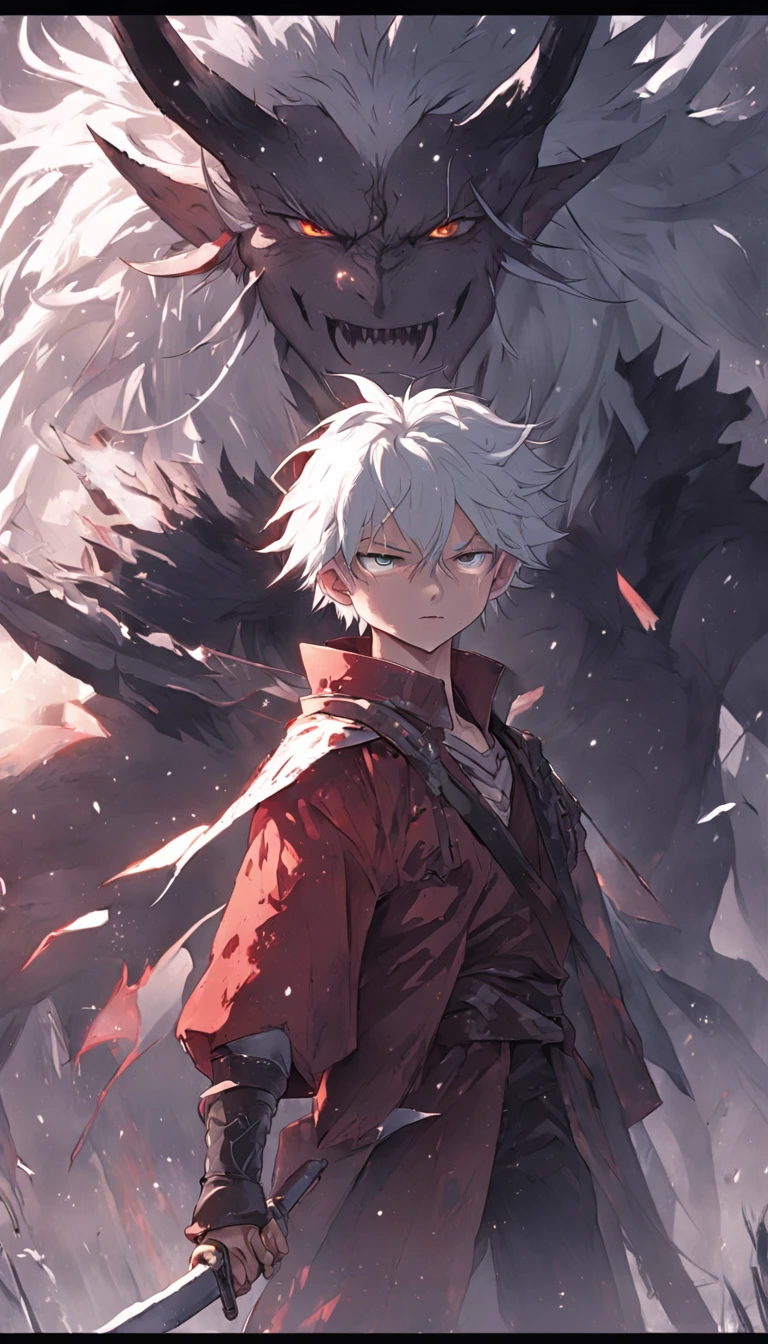 An epic scene in a desolate village reduced to ruin, it is snowing and there is a young white-haired boy who even bruised and bleeding holds a sword and faces a giant demon with dark skin and big horns