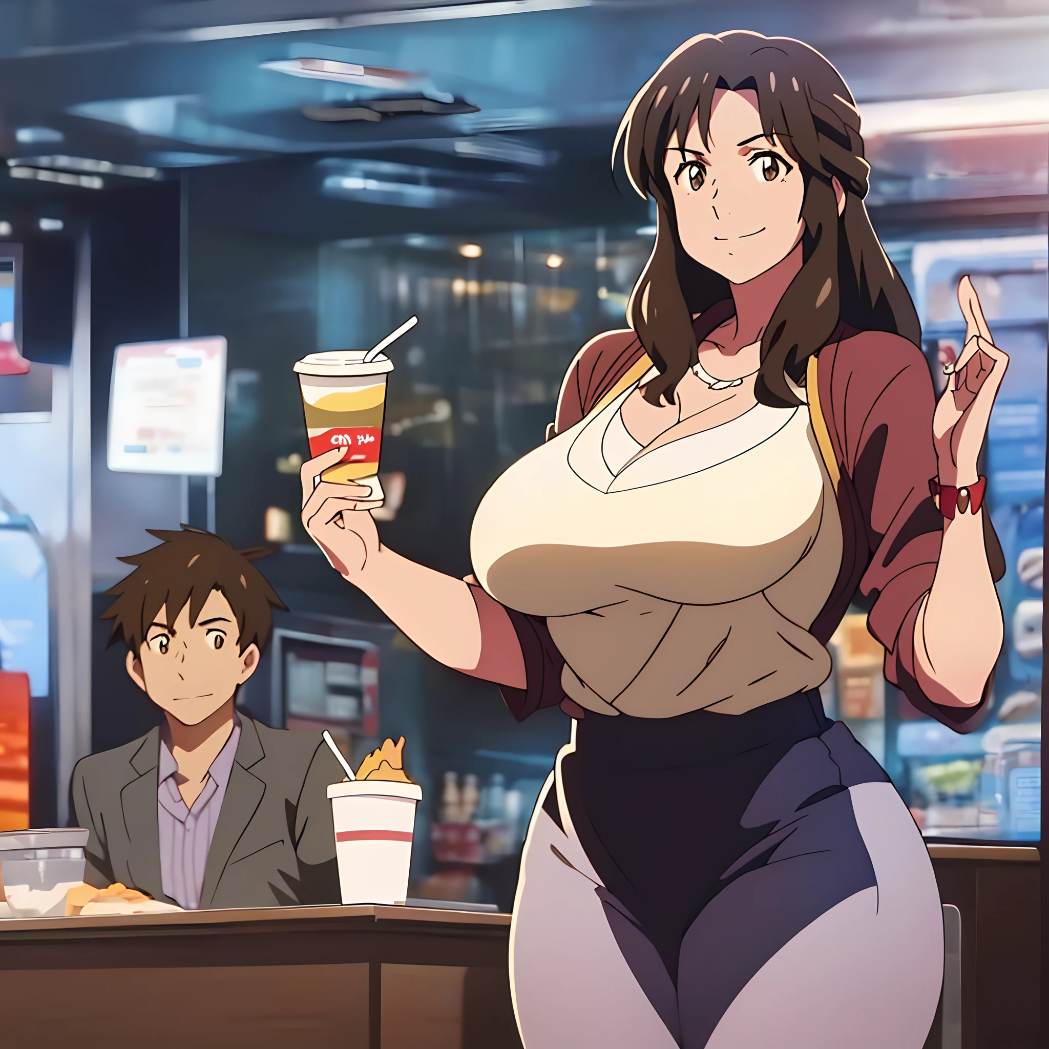 big breasts, thick thighs, mature woman, long dark brown hair, smiling affectionately, in the style of Makoto Shinkai, in a shut down Wendy's at nighttime