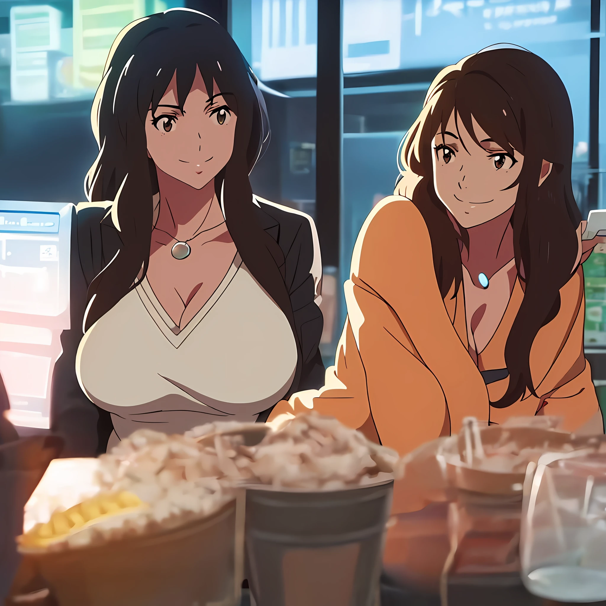 big breasts, thick thighs, mature woman, long dark brown hair, smiling affectionately, in the style of Makoto Shinkai, in a shut down Wendy's at nighttime