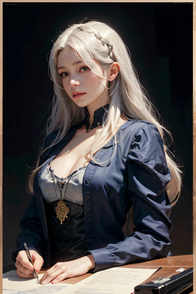 Hyperrealist portrait of female by david hockney and alphonse mucha,fantasy art, photo realistic, dynamic lighting, artstation, poster, volumetric lighting, very detailed faces, 4 k, award winning,, 1girl, in the dark, deep shadow, low key,cowboy shot,(official clothing:1.4) ,long hair,white hair,