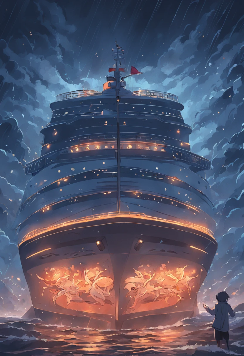 Vista luxury cruise ships,Blend into the dark and gloomy sky,Rough waves。