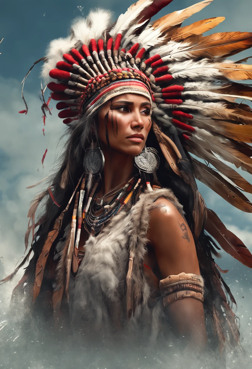 Christophe Young style; award winning full body portrait of a beautiful native american woman with head a native american headdress, holding a Bow , paint splashes, hair blowing in the wind, flower petals, willow tree in background, outrun, digital art, trending on artstation, highly detailed, fine detail, intricate