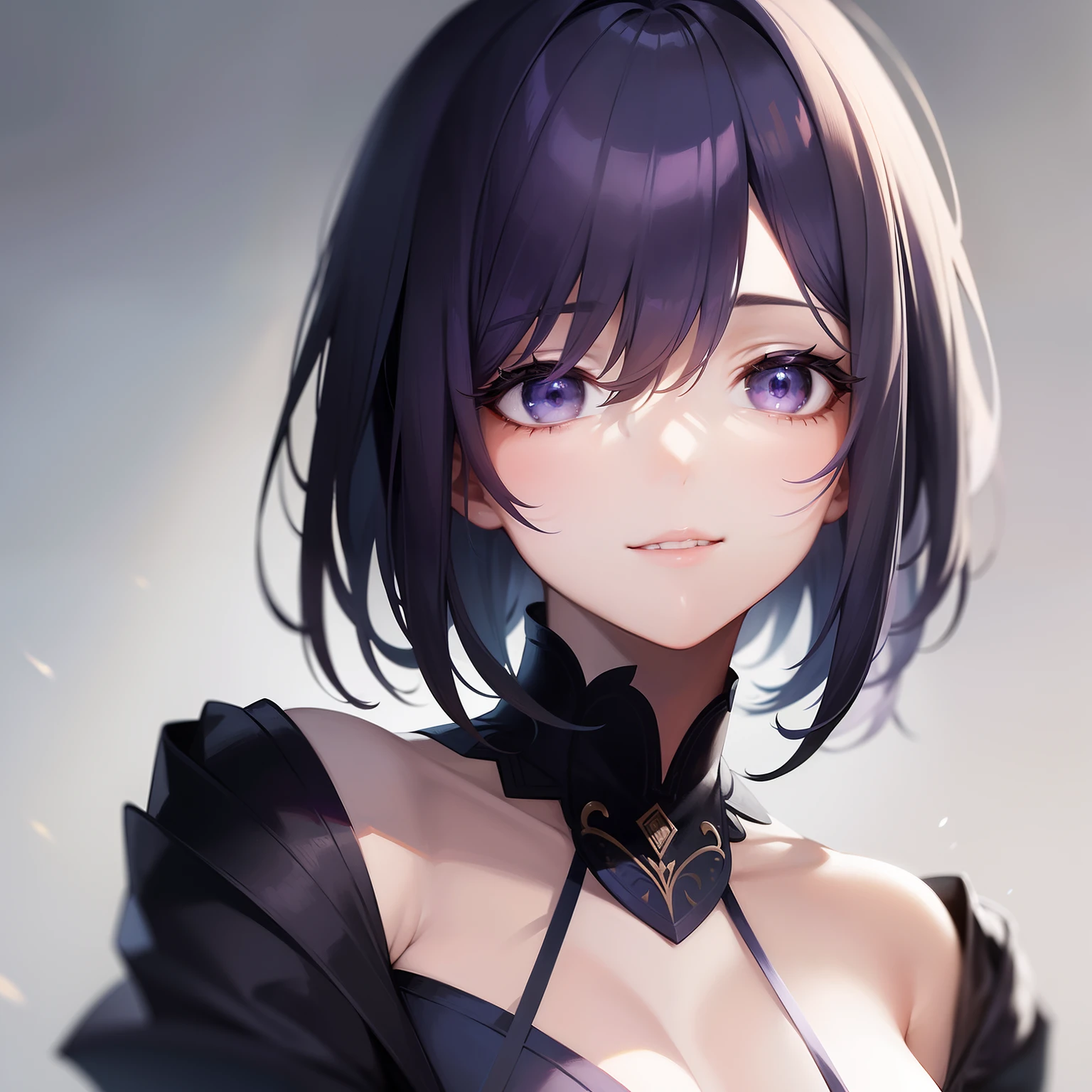 Woman, short dark blue-purple hair with gray strands, bob hairstyle, gray eyes, French royal strict suit, calm look and calm smile, many details