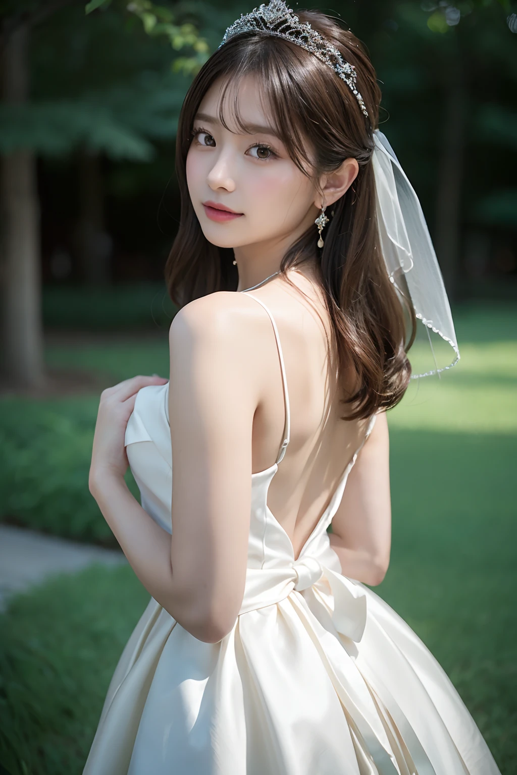 (top-quality、8K, yes、32K、tmasterpiece、hyper HD:1.2)、randome pose、(Extremely delicate and beautiful work)、(tmasterpiece)、One girl、Highly detailed elegant wedding dresses、tiara crown、A highly detailed、Enchanted expression、beautiful and clear eyes、green pupills、delicatenecklace、Delicate earrings、simple blurr background、extreme detail description、Beautiful fece、a charming、Ultra-fine painting、delicated face、Delicate figure、Thin Clavicle、Beautiful lips、soft back view、mix4、(8K、RAW photography、top-quality、tmasterpiece:1.2), (reallistic, Photorealsitic:1.37),1girl in,Cute,Cityscape, natta, Sateen, moisty, Professional lighting, photon maping, Radio City, physically-based renderingt, above waist、