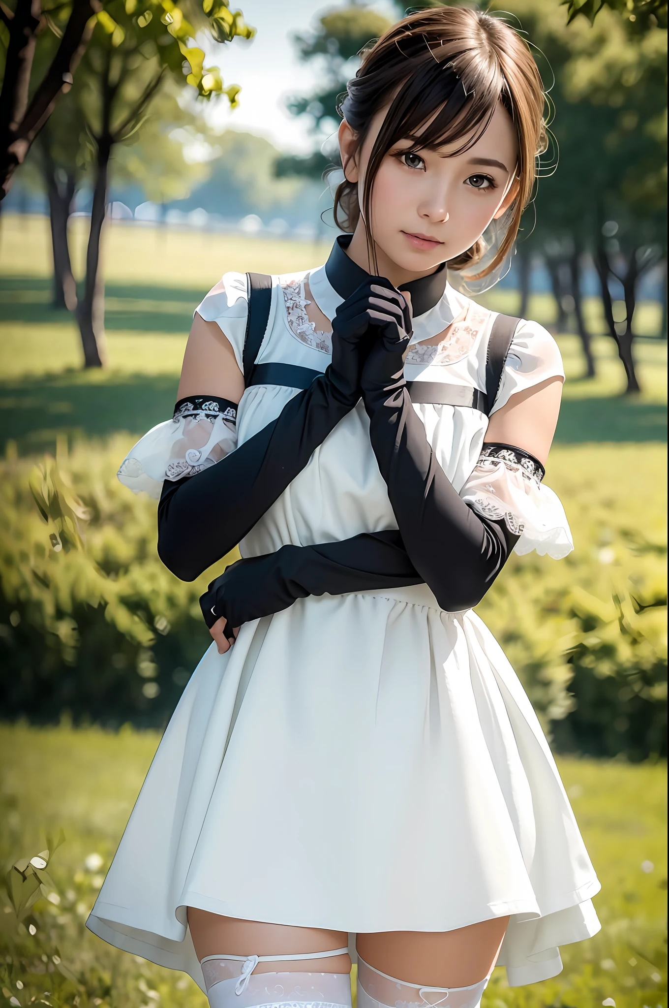 8k, best quality, real picture, intricate details, ultra-detailed, ultra highres, depth field,(photorealistic,realistic:1.2),cowboy shot, full body,(luminecos:1.4),1girl, naughty face, Best quality, masterpiece, ultra high res, RAW photo,masterpiece, best quality, (photorealistic:1.4), (narrow waist:1.2), delicate face
,  outdoors,blurry background,
gloves, dress, black gloves, white dress, fingerless gloves, detached sleeves, thighhighs,
mafuyu,