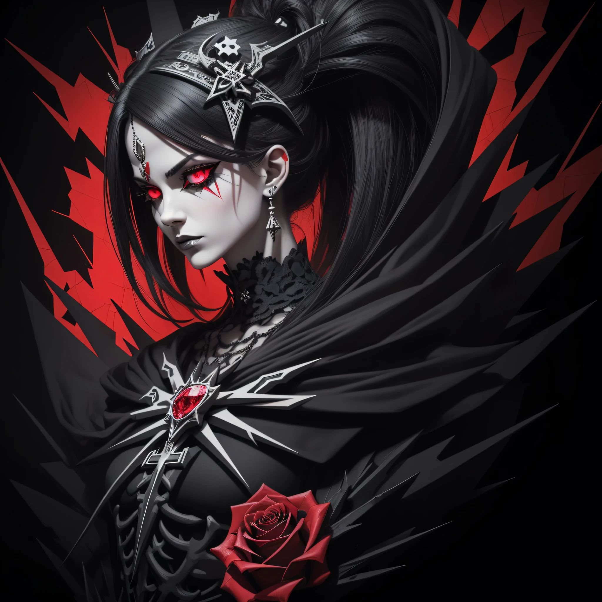 Poster close-up,The cool black and gray color is combined with a bright rose red contrast,Motley diamonds and cross elements are embellished,Fragmented dark world design,Sense of danger,Cool fried,mistic,shock,Skeleton art,flat art,Above the main body is the background,