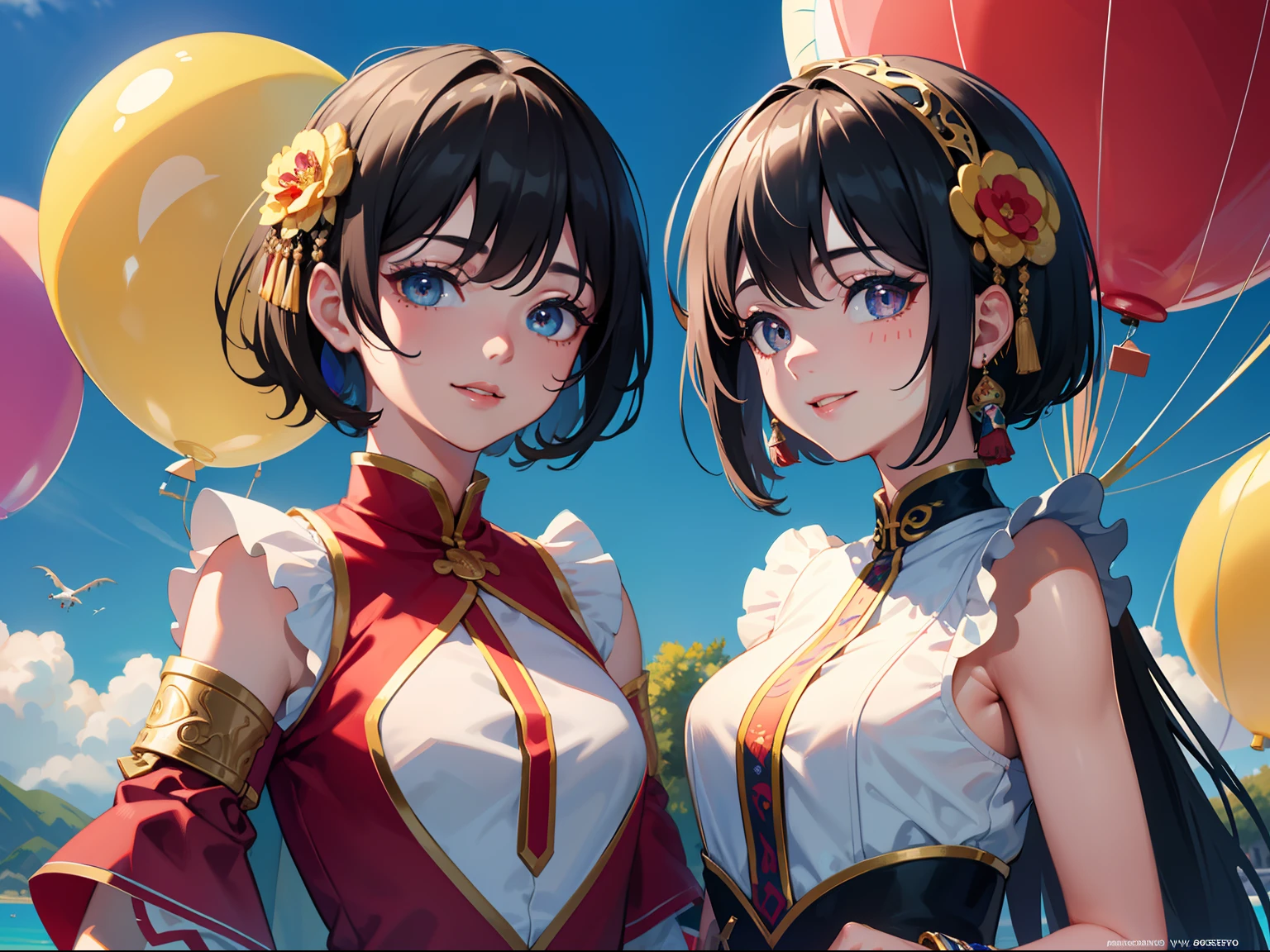 UHD,(High definition resolution:1.2),Skin luster,(Best quality:1.1),(masterpiece),(best quality),smile,(beautiful detailed face),(beautiful detailed eyes),8K,Around the flying colorful balloons,((Two boys are playing)),Peripheral small animals,outside,lovable,dragon boat,