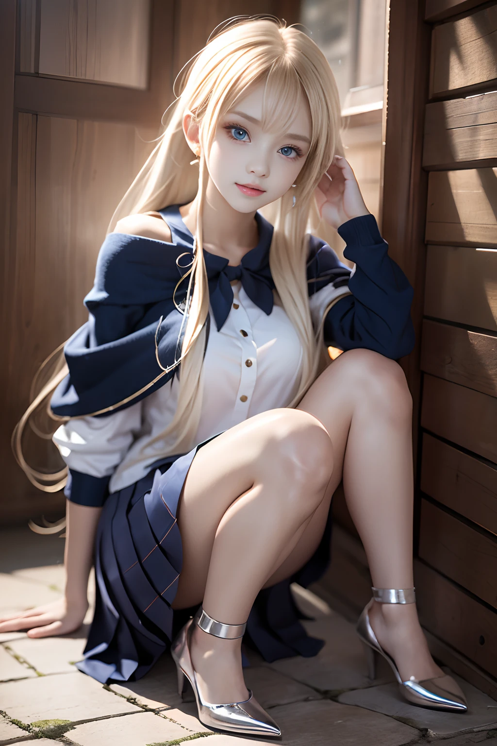 bright expression、poneyTail、Young shiny shiny white shiny skin、Best Looks、Blonde reflected light、Platinum blonde hair with dazzling highlights、shiny light hair,、Super long silky straight hair、Beautiful bangs that shine、Glowing crystal clear attractive big blue eyes、Very beautiful nice cute 16 year old girl、Lush bust,Beautiful detailed eyes, beautiful detailed nose,(( Full body:1.25)),Makeup that the eyes emphasize、((Pleated skirt with many folds)),(Women like Joan of Arc)、s Armor、Knights, With a sword and shield,Royal style,Comic style, , Sub-surface scattering, ornate detail, nature backdrop, Hyper-realistic, Cinematic, Dramatic Lighting, masutepiece、top-quality、超A high resolution、(Photorealsitic:1.4)、1girl in、Off-shoulder white shirt、